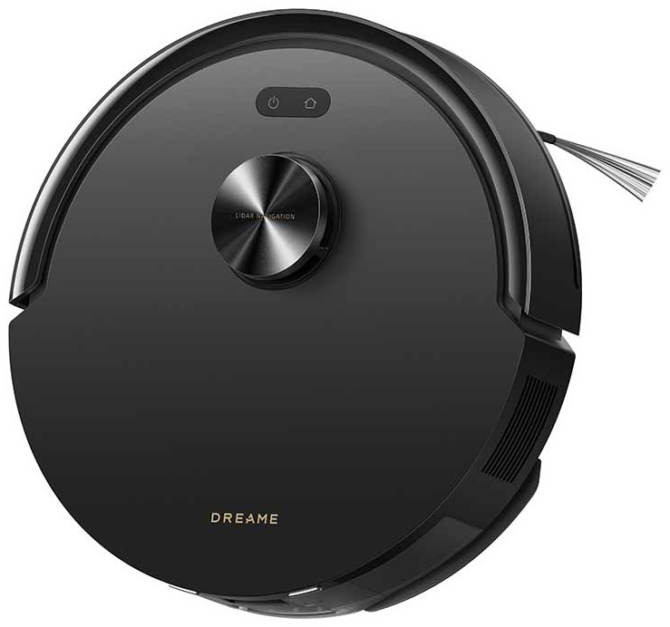 Fekete robotporszívó lidar navigációval és kefékkel.