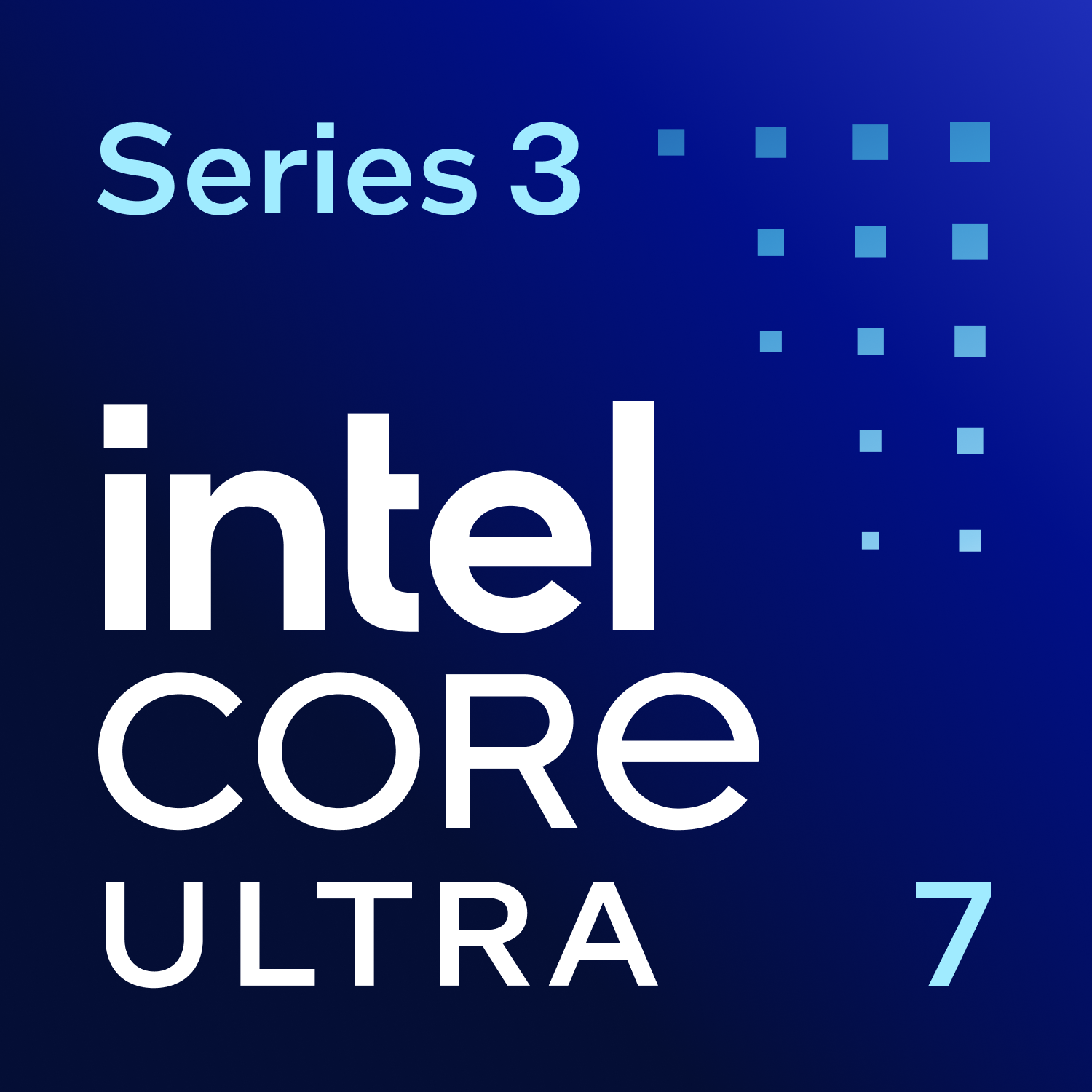 Procesador Intel Core Ultra 7, Serie 3. Cuadrados azules de fondo.