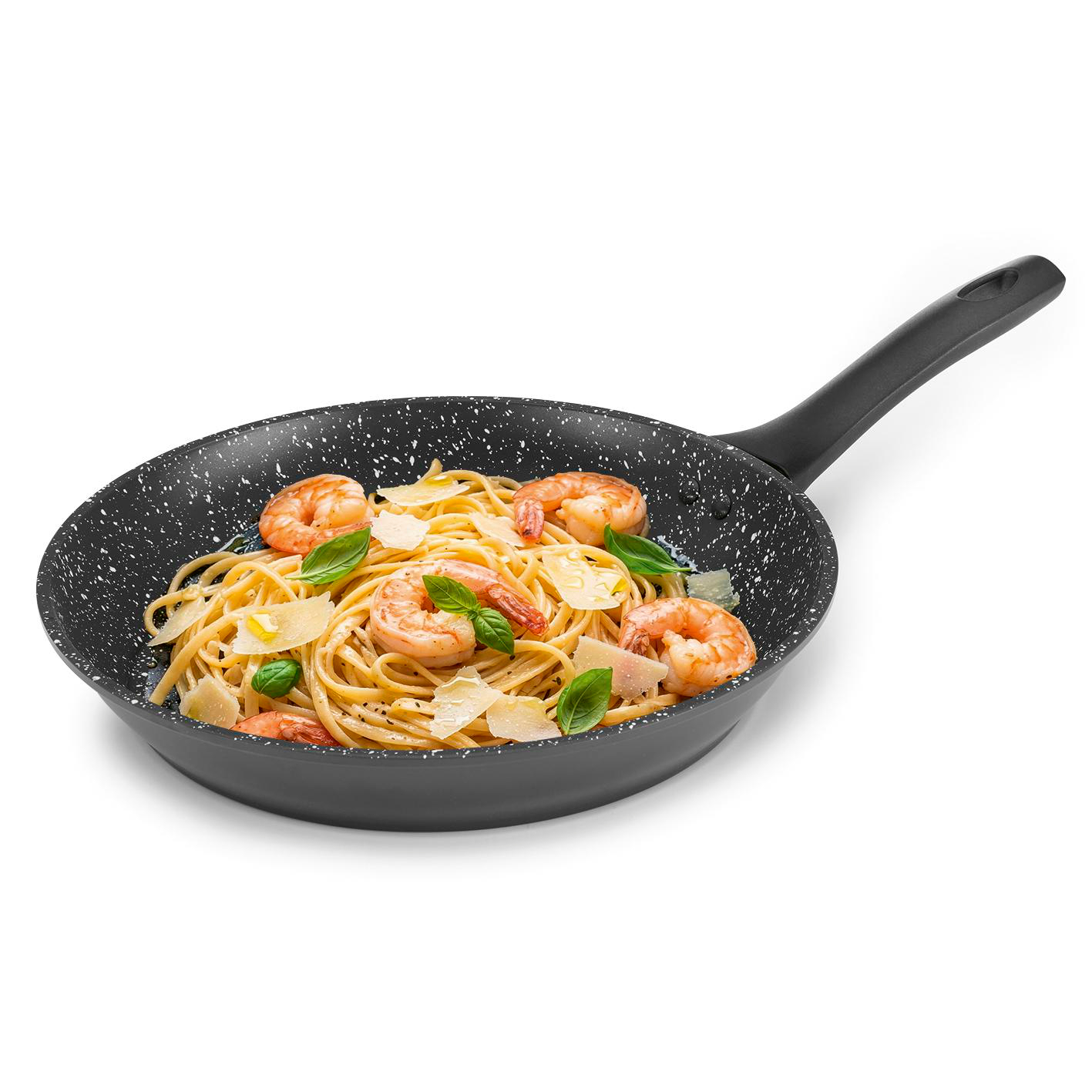 Spaghetti mit Garnelen und Parmesan in einer Pfanne mit Granit-Effekt.