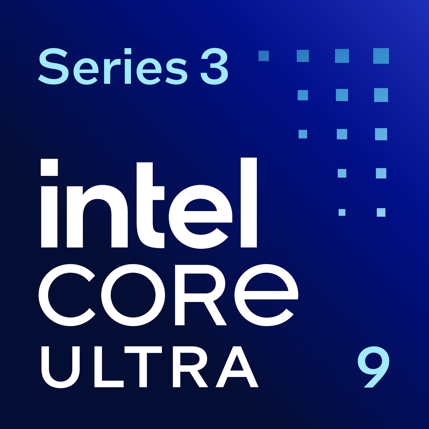 Intel Core Ultra 9 Seria 3 z niebieskimi kwadratami.