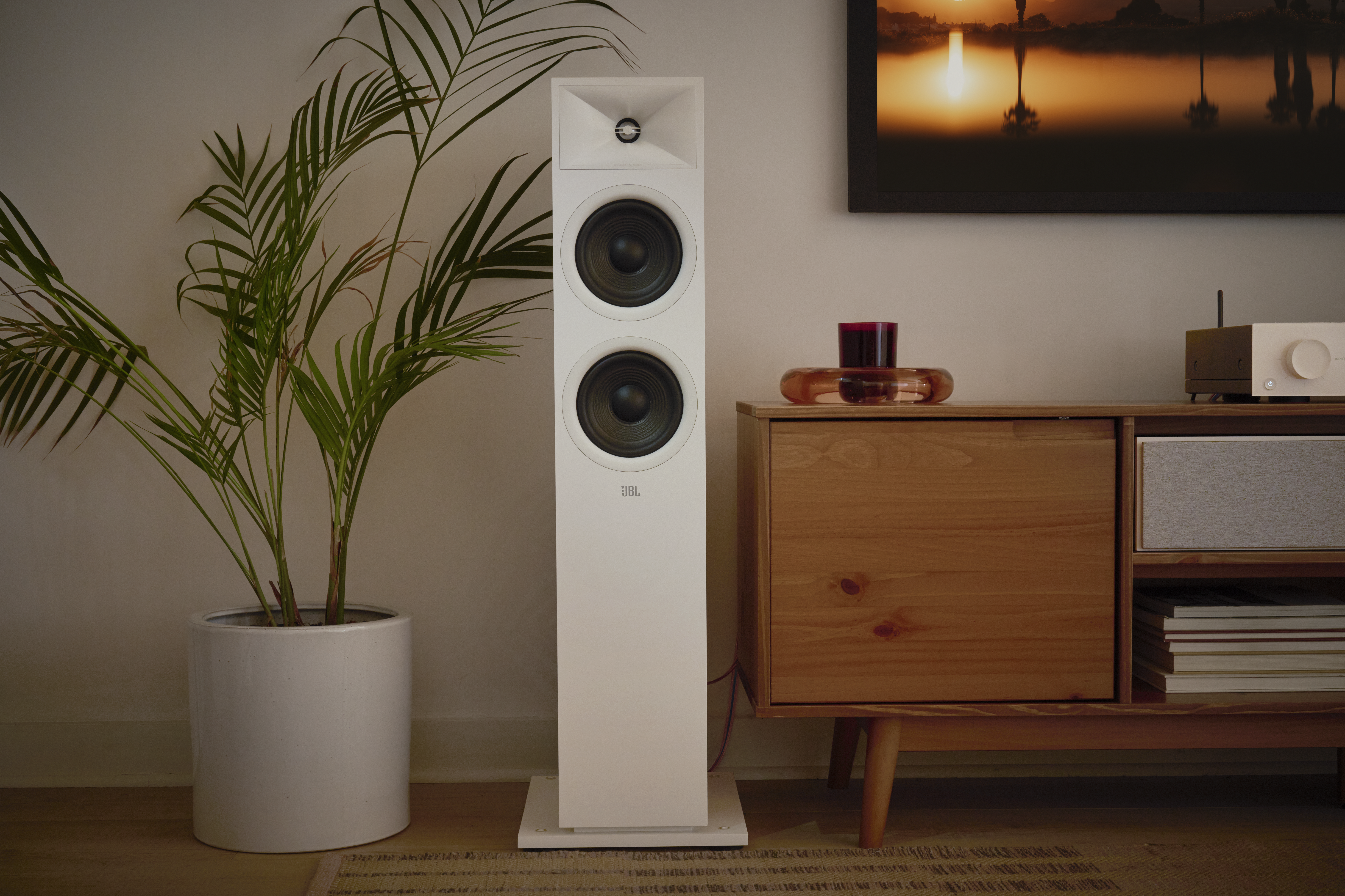 Beyaz bir JBL hoparlör, saksı bitkisinin ve ahşap dolabın yanında duruyor.