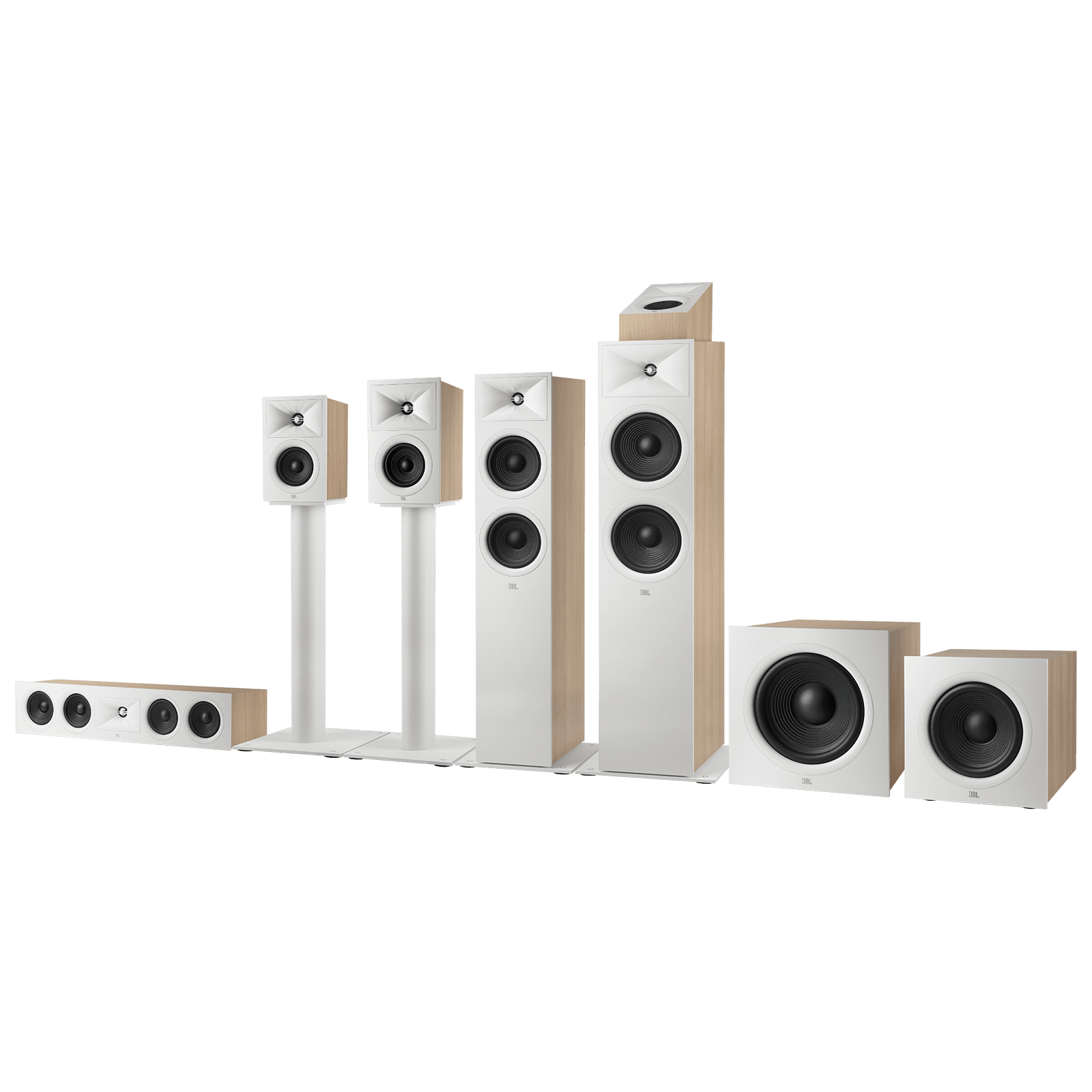 Subwoofer, iki kule tipi hoparlör ve bir merkez hoparlörden oluşan hoparlör sistemi.