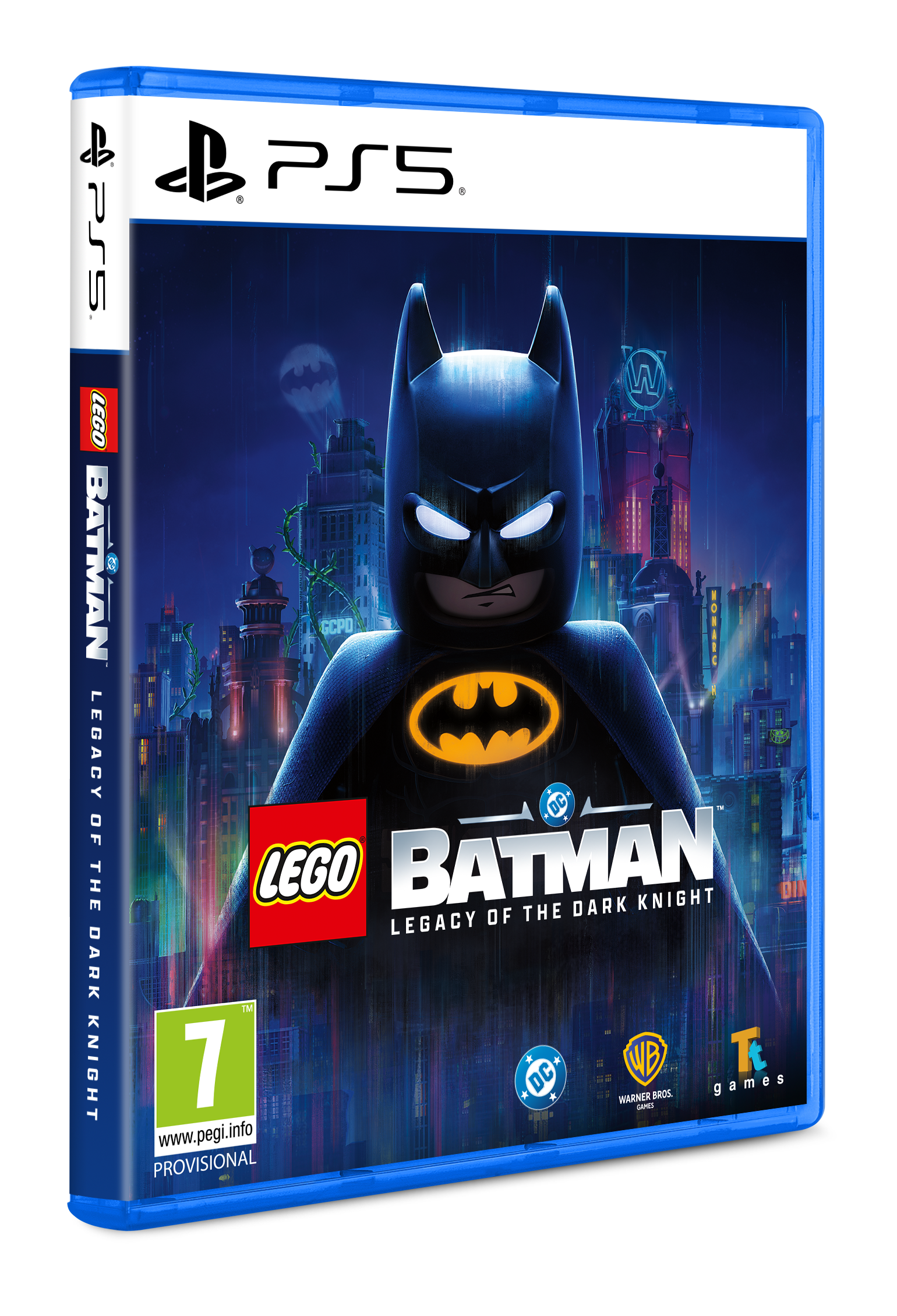 Lego Batman PS5 oyun kutusu, gece şehir arka planına karşı Batman figürü içerir.