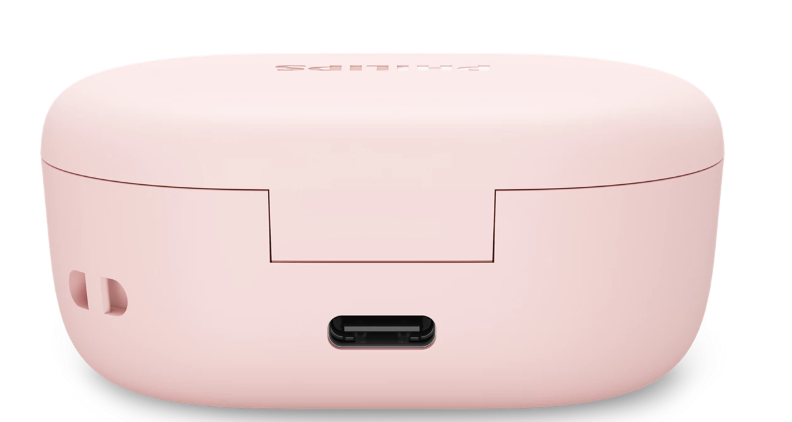 Ein rosafarbener Ladecase-Deckel mit USB-C-Anschluss und Philips-Logo.