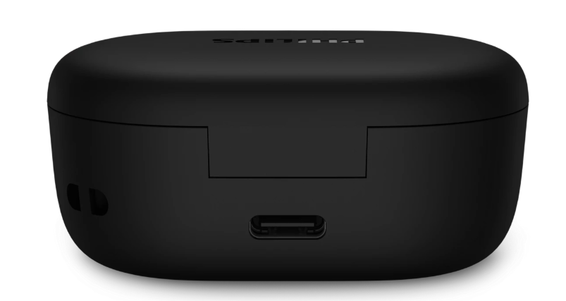 Schwarzes Ladeetui mit USB-C-Anschluss und Philips-Logo.