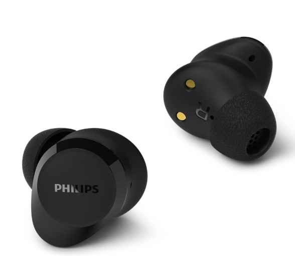 Zwei schwarze Philips Ohrhörer auf weißem Hintergrund.
