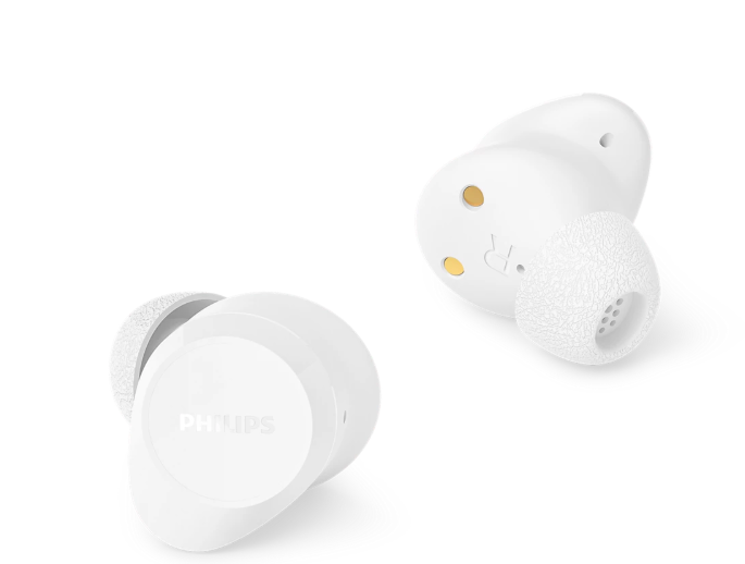 Zwei weiße Philips-Kopfhörer mit Textur-Ohrstöpseln auf weißem Hintergrund.