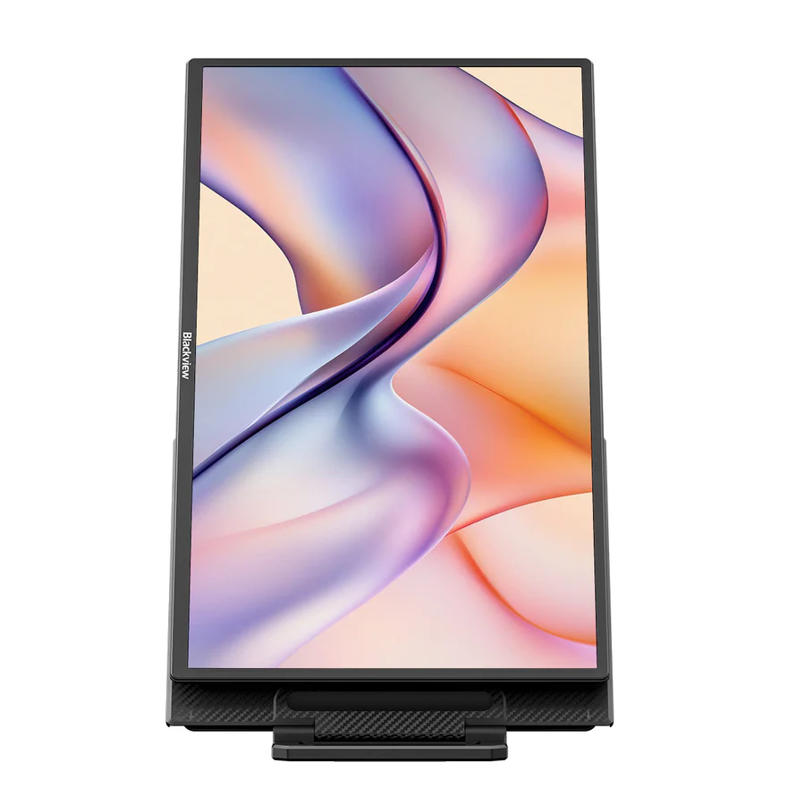 Egy Blackview táblagép lila, narancssárga és sárga absztrakt háttérrel.