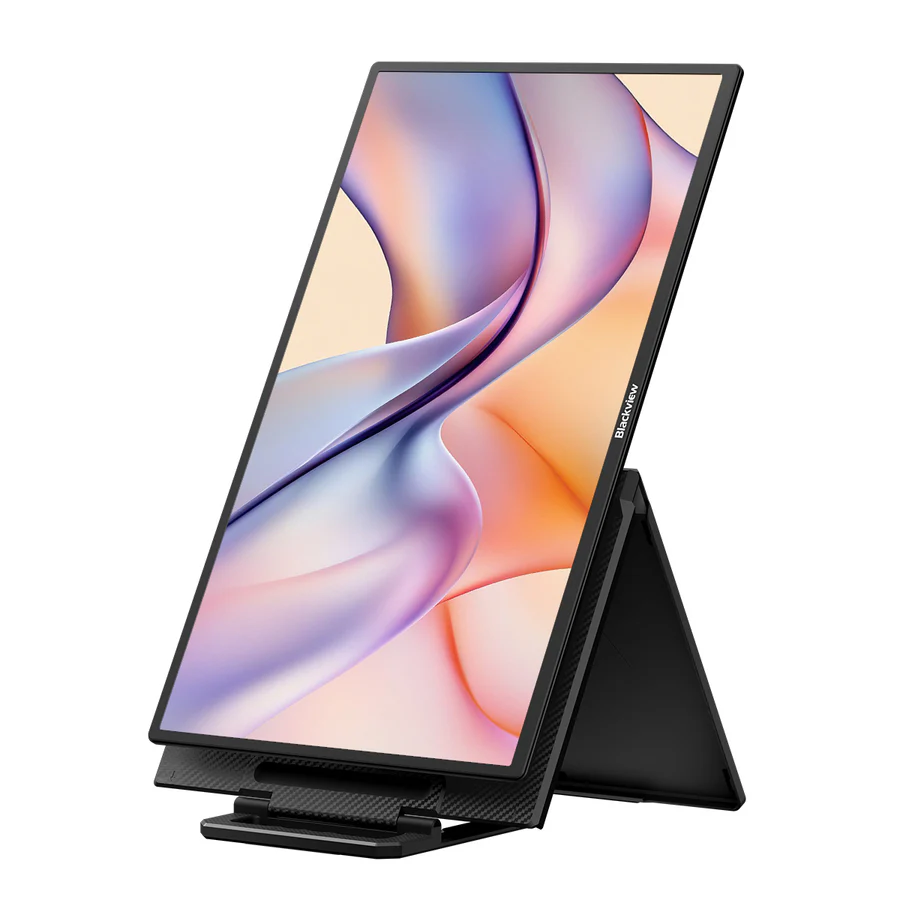 Egy fekete tablet állvánnyal, színes absztrakt képet jelenít meg.