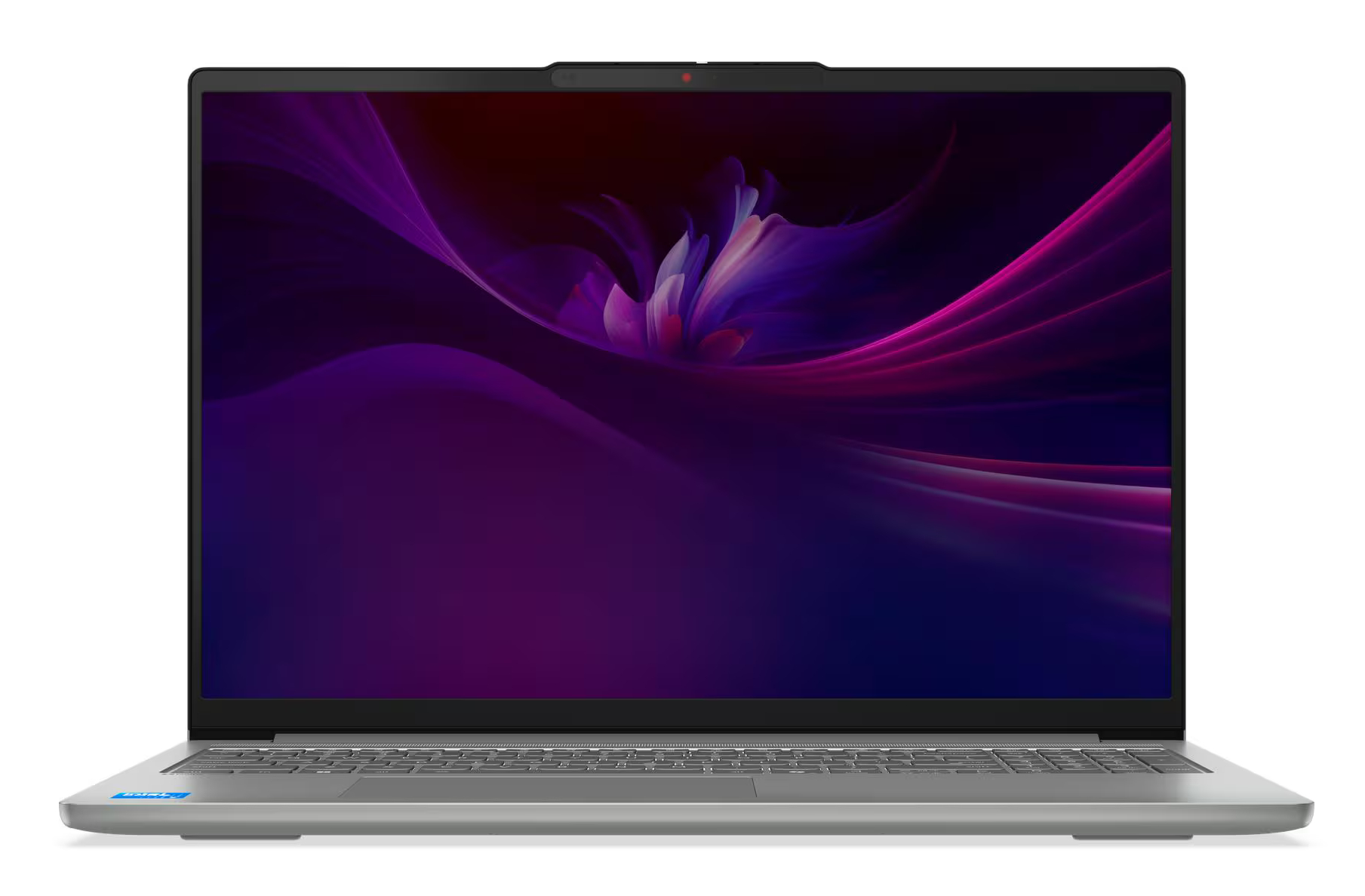 Otwarty srebrny laptop z purpurową abstrakcyjną tapetą na ekranie.