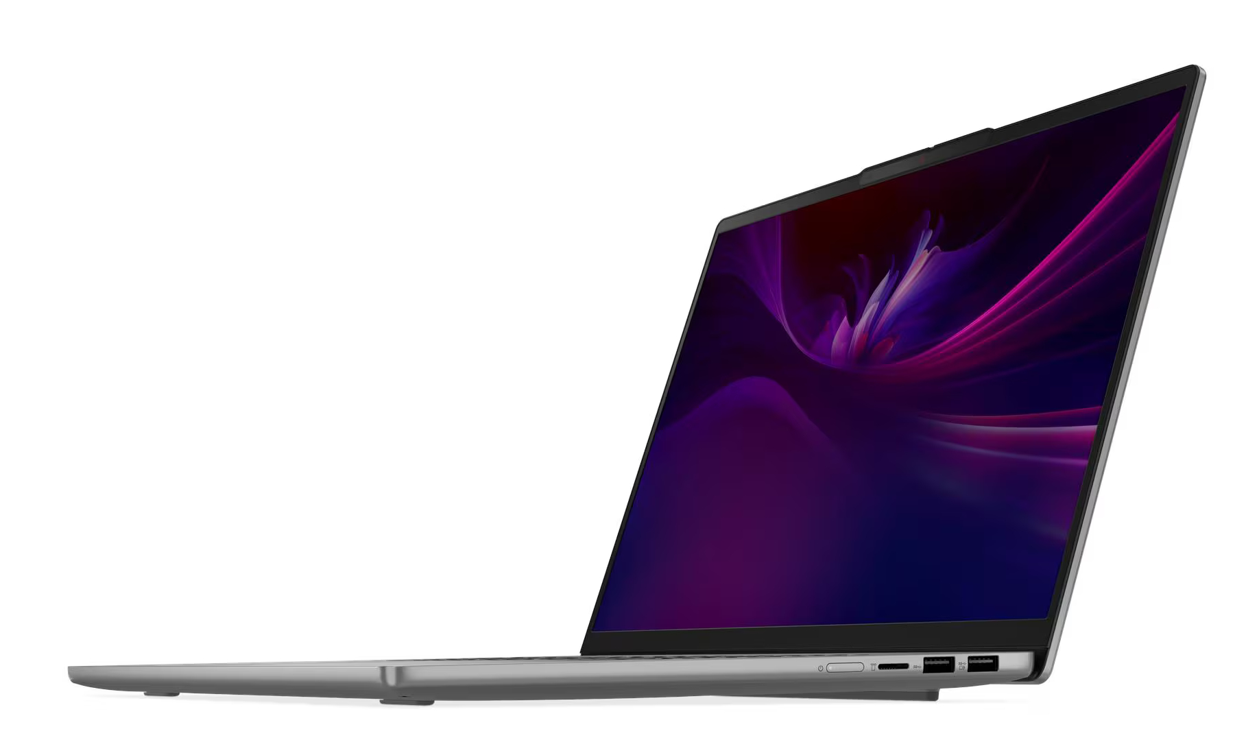 Otwarty laptop wyświetlający fioletową i niebieską tapetę. Białe tło.