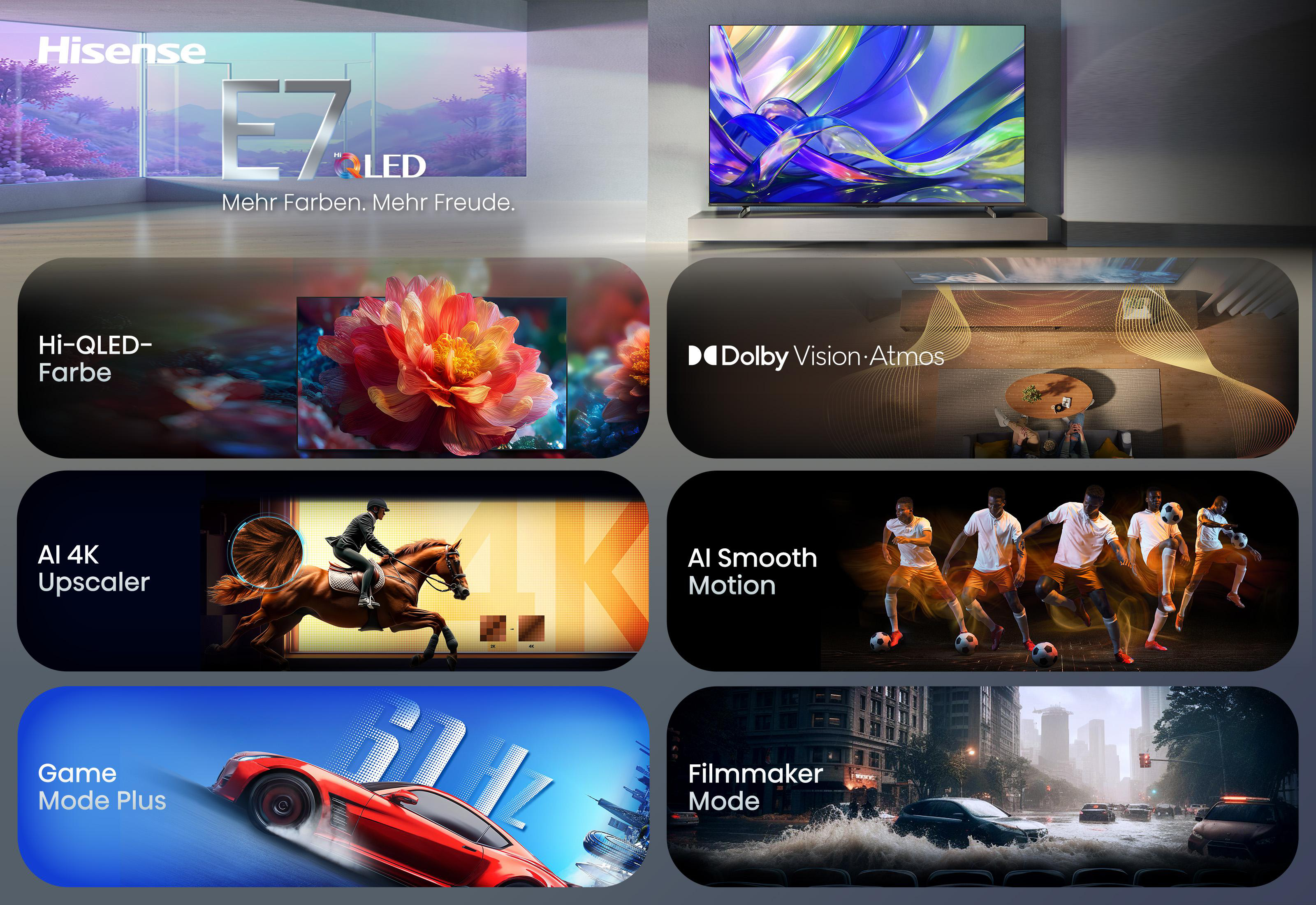 Hisense E7 LED TV mit Dolby Vision, 4K Upscaler, Hi-QLED-Farbe, Smooth Motion.