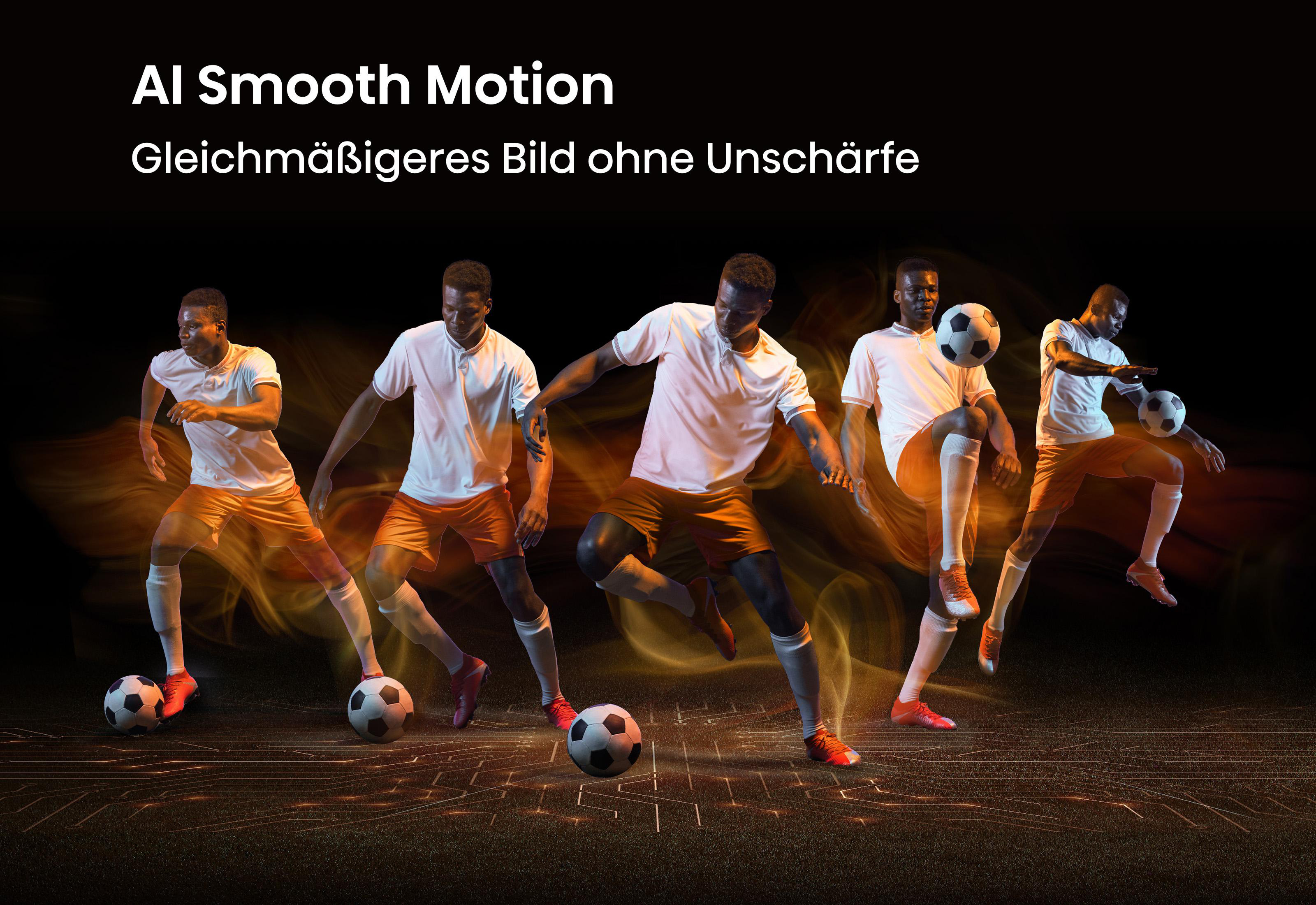 Fünf Fußballspieler in weißen Trikots und orangefarbenen Shorts, die einen Ball jonglieren.