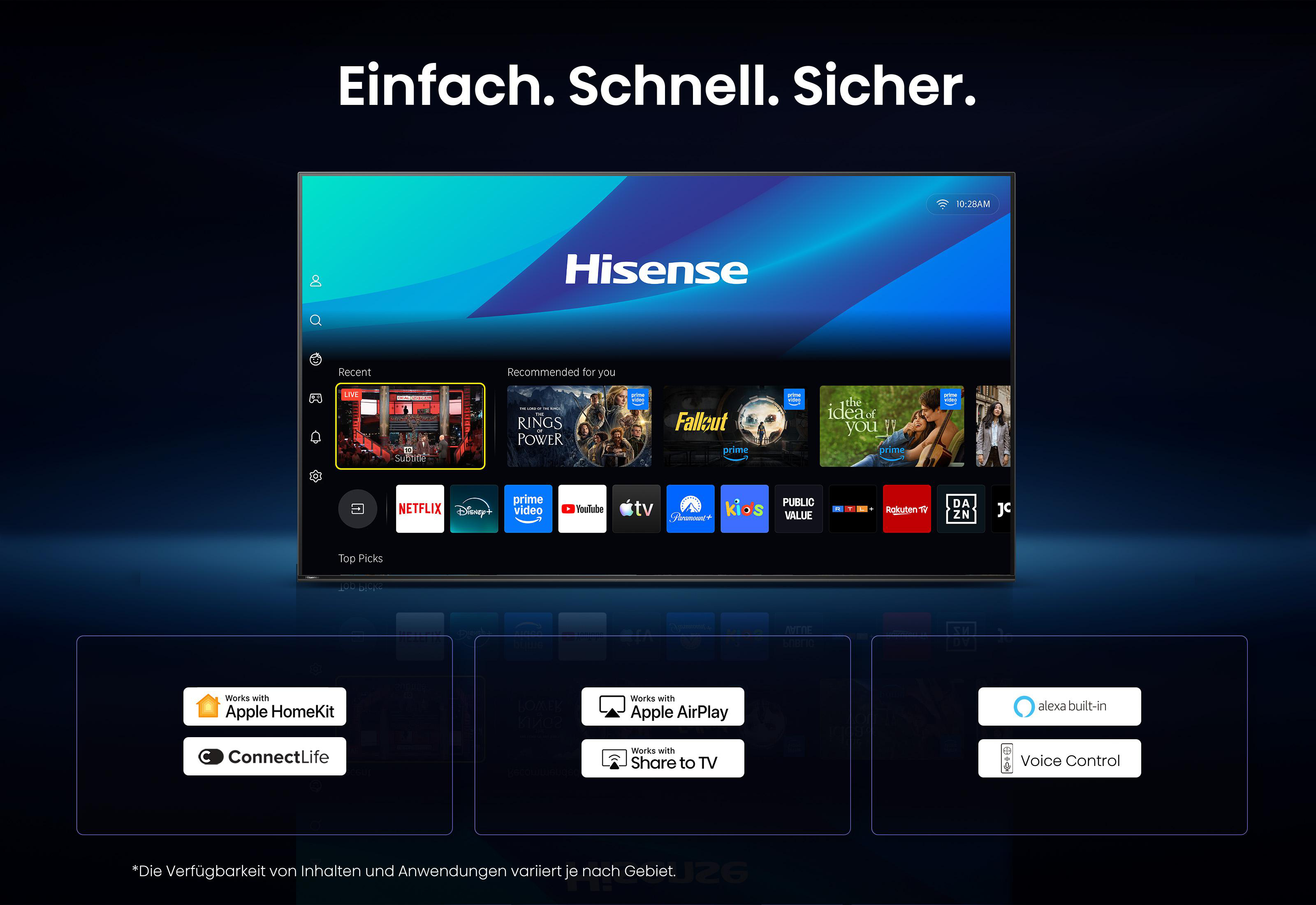 Hisense TV-Startbildschirm mit Apps und Empfehlungen. Unten sind Logos für Apple HomeKit, ConnectLife, AirPlay und Alexa.