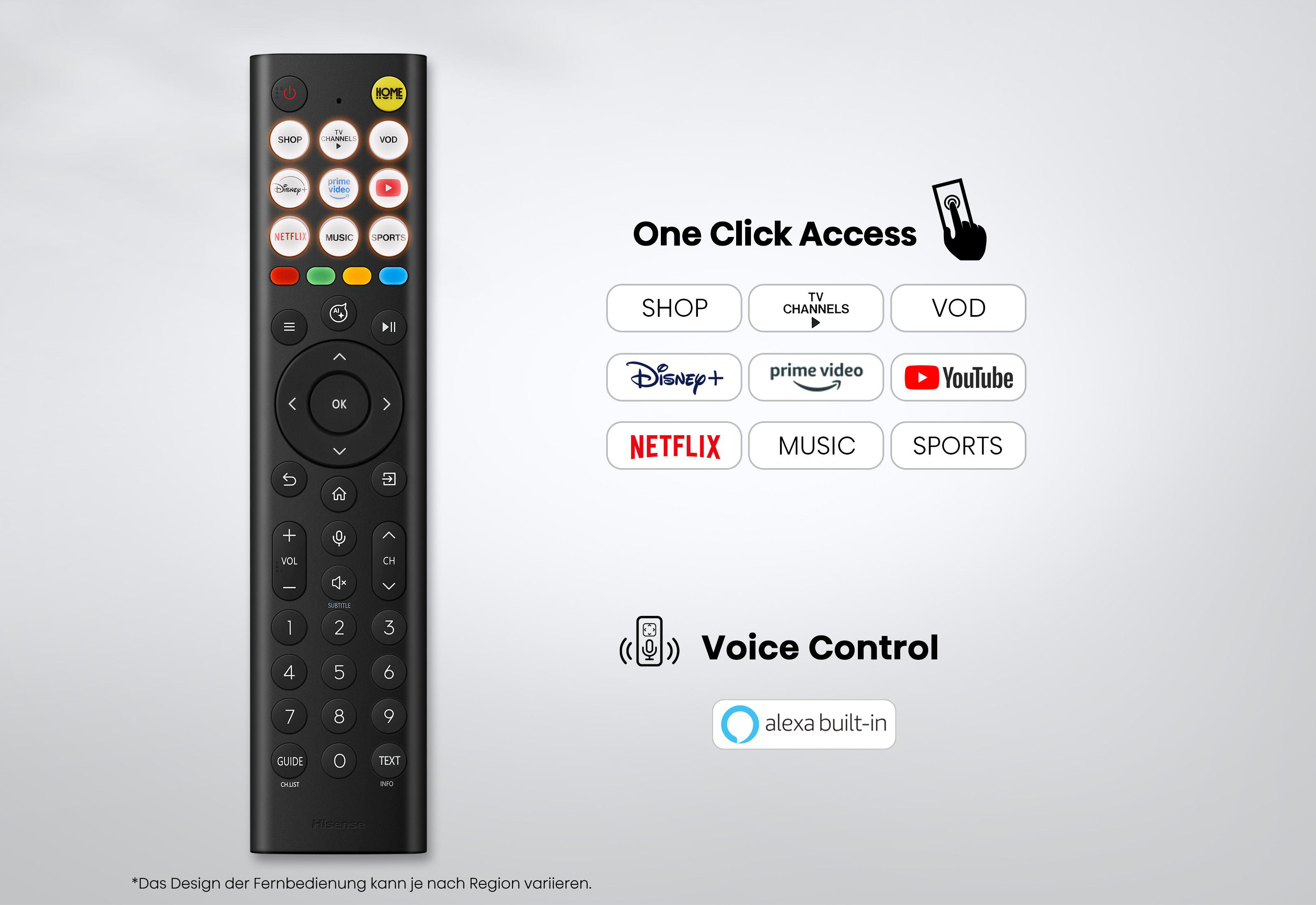 Eine schwarze Fernbedienung mit Tasten für Apps wie Netflix, Disney+ und YouTube.