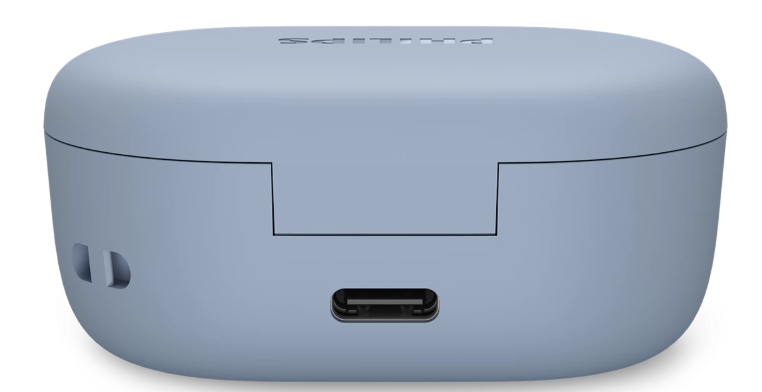 Blaue Ladehülle für Kopfhörer mit USB-C-Anschluss und Belüftungslöchern.