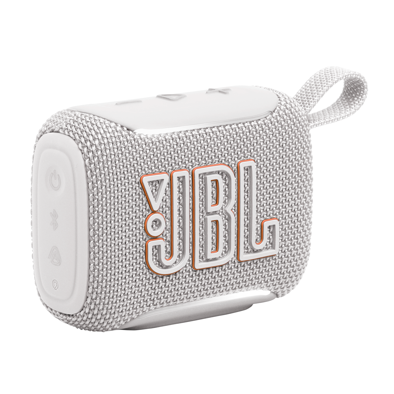 Turuncu logolu ve taşıma kayışlı beyaz JBL Go 3 hoparlör.