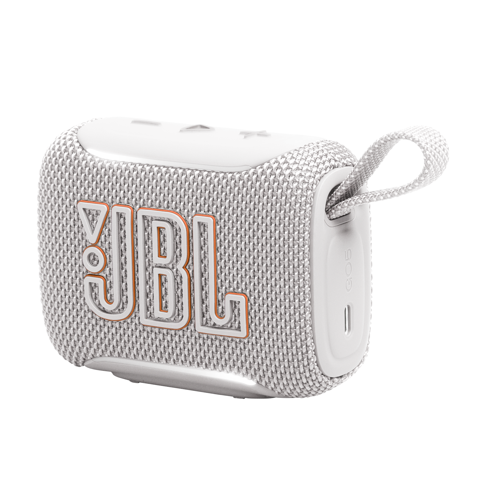 Turuncu logolu, kumaş ızgaralı beyaz JBL GO 5 hoparlör.