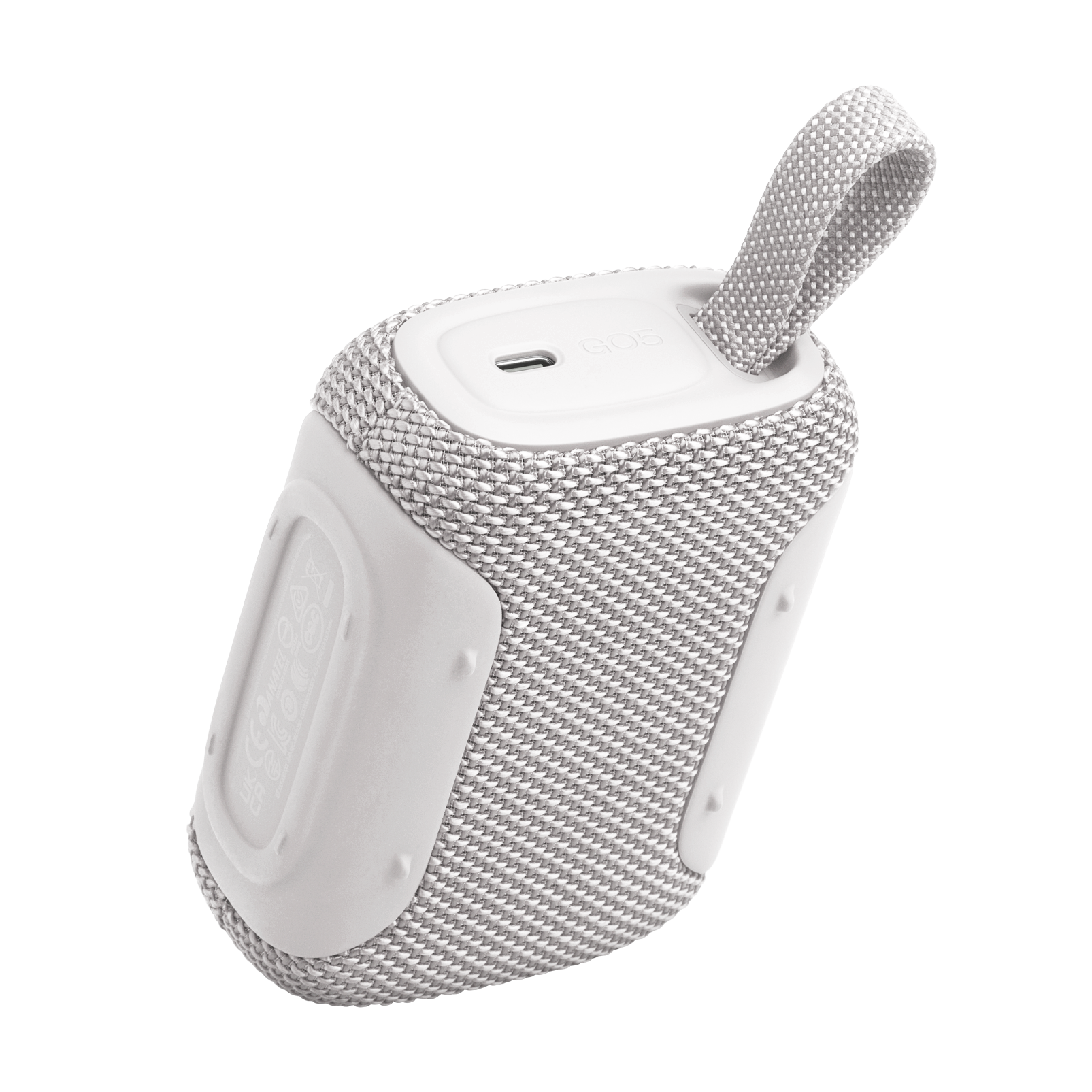 Kumaş taşıma askılı küçük, beyaz Bluetooth hoparlör.