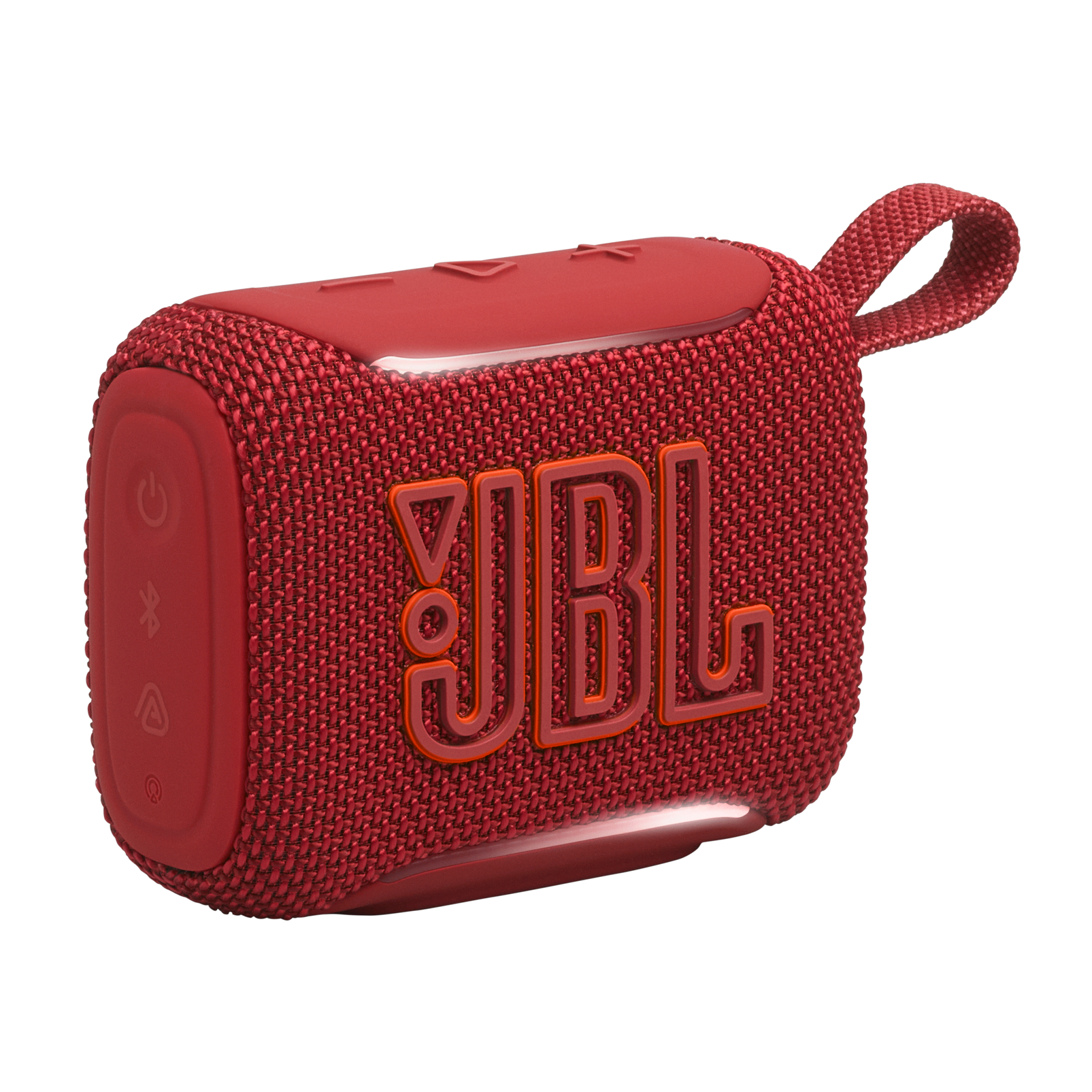 Siyah arka plan üzerinde halkası ve kabartmalı logosuyla kırmızı JBL Go 3 hoparlör.