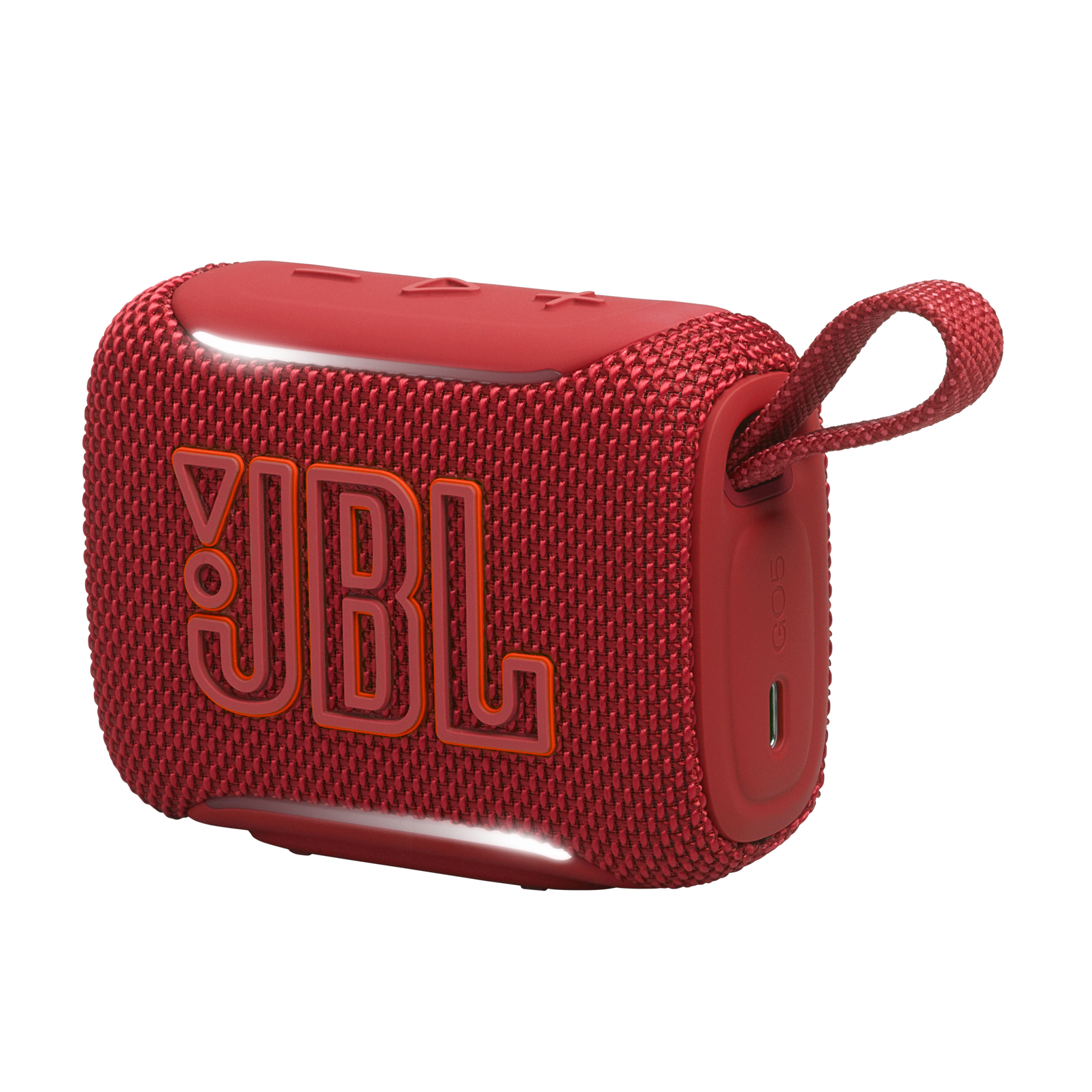 Kırmızı JBL Bluetooth hoparlör, ipiyle birlikte siyah arka planda.