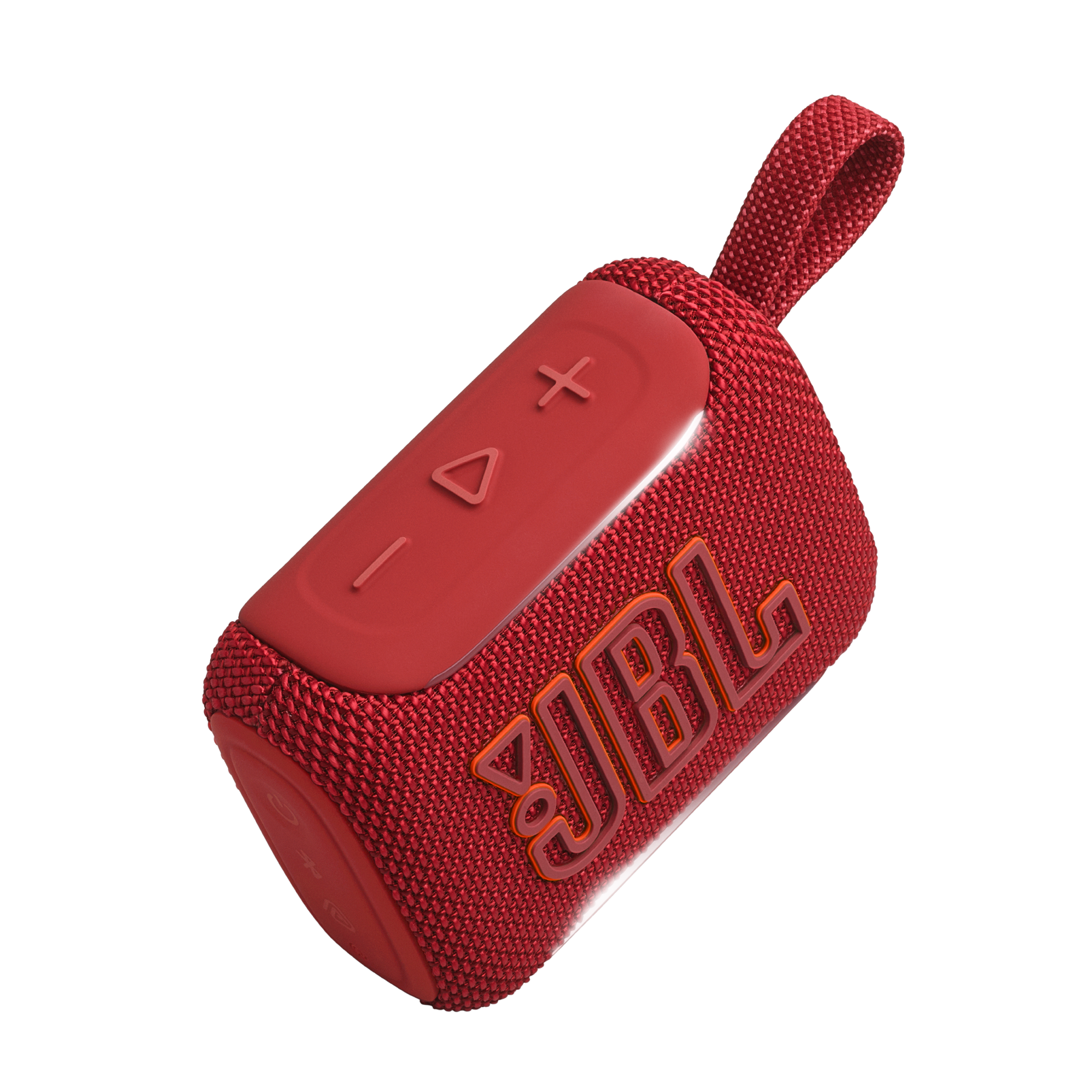 Taşıma askılı kırmızı JBL hoparlör. Üstte düğmeler bulunur.