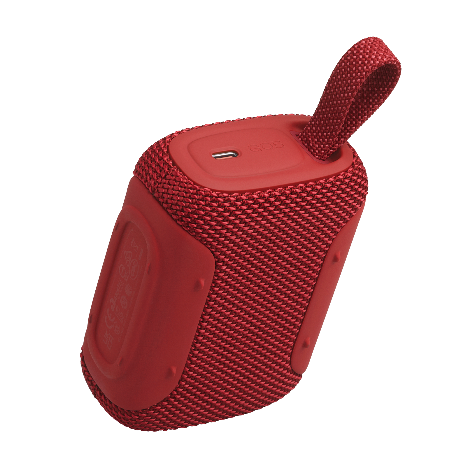 Kumaş kapaklı ve taşıma halkalı kırmızı taşınabilir Bluetooth hoparlör.