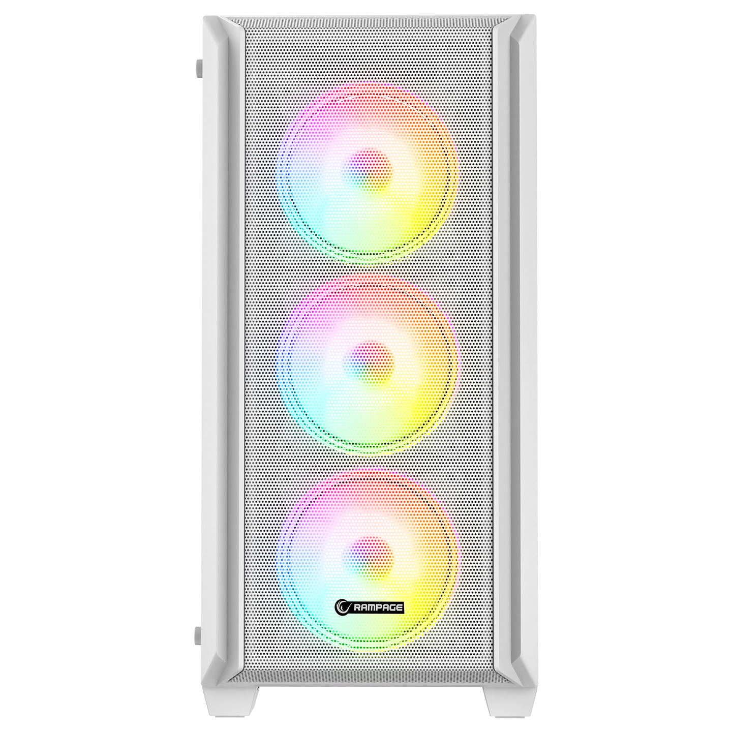 Önde üç RGB fanlı beyaz bir bilgisayar kasası.