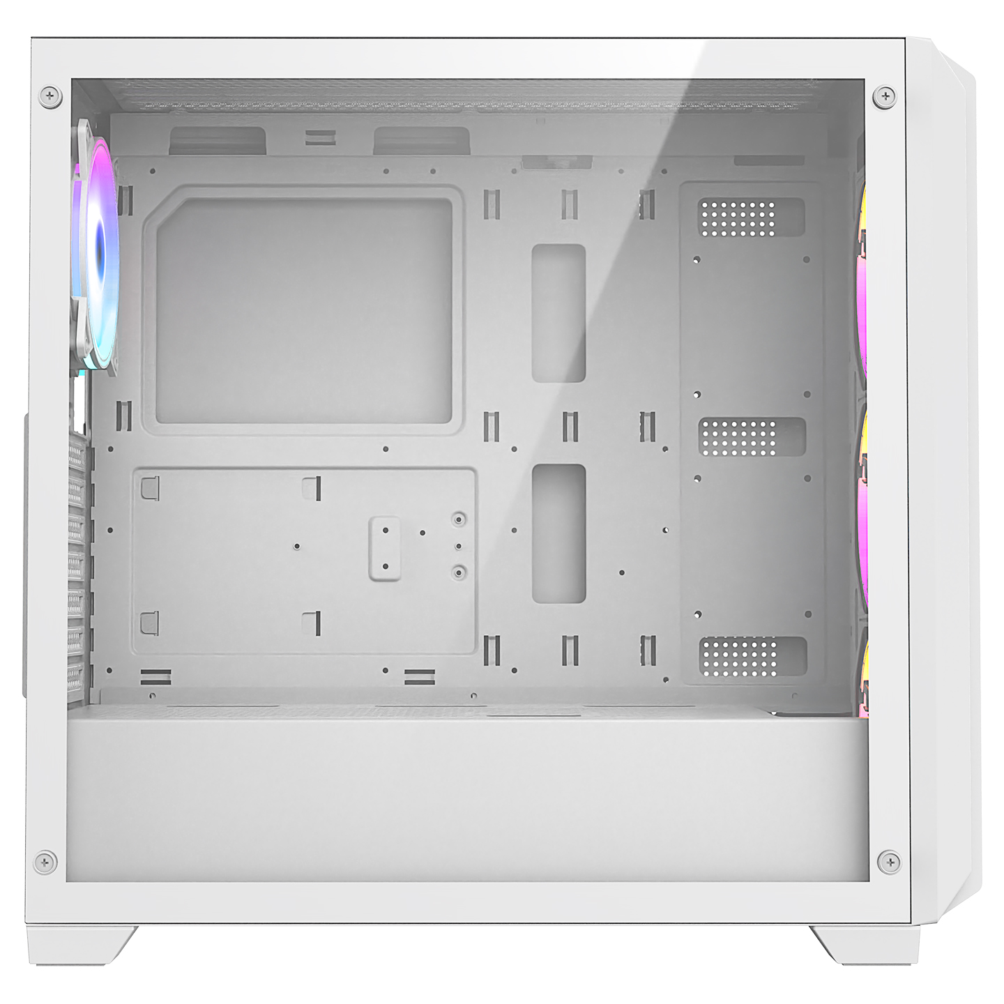 Cam panelli ve RGB fanları olan beyaz bilgisayar kasası.
