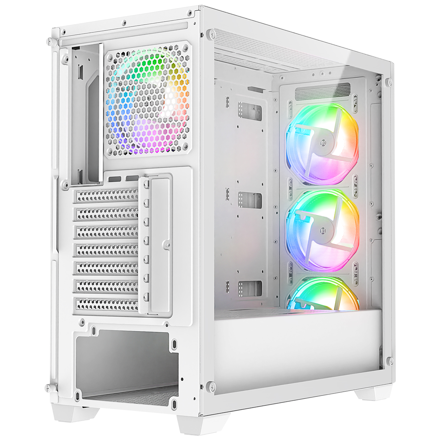 RGB fanlı, açık iç tasarımlı beyaz bir PC kasası.