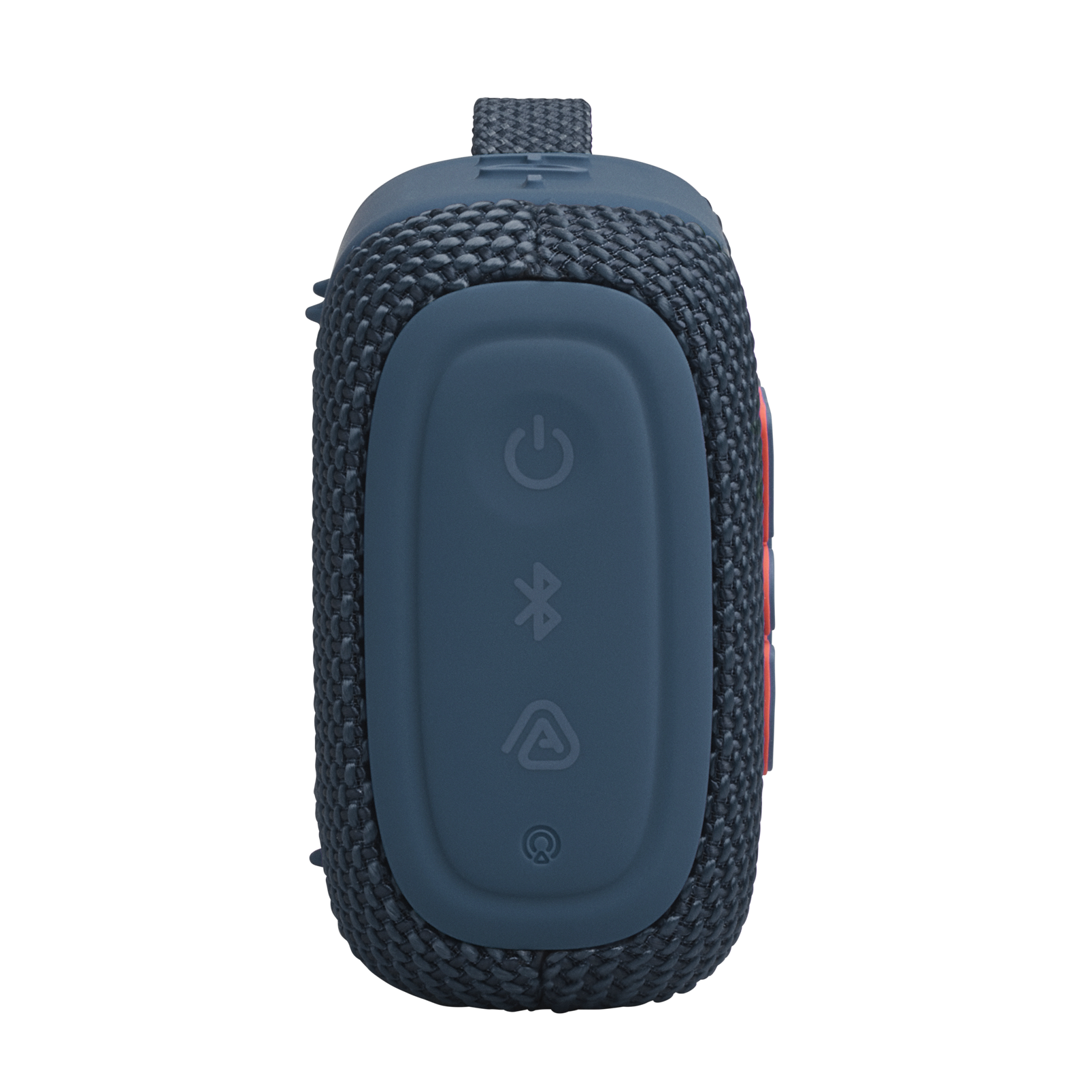 Siyah arka plan üzerinde güç, Bluetooth ve pil simgelerine sahip mavi taşınabilir hoparlör.
