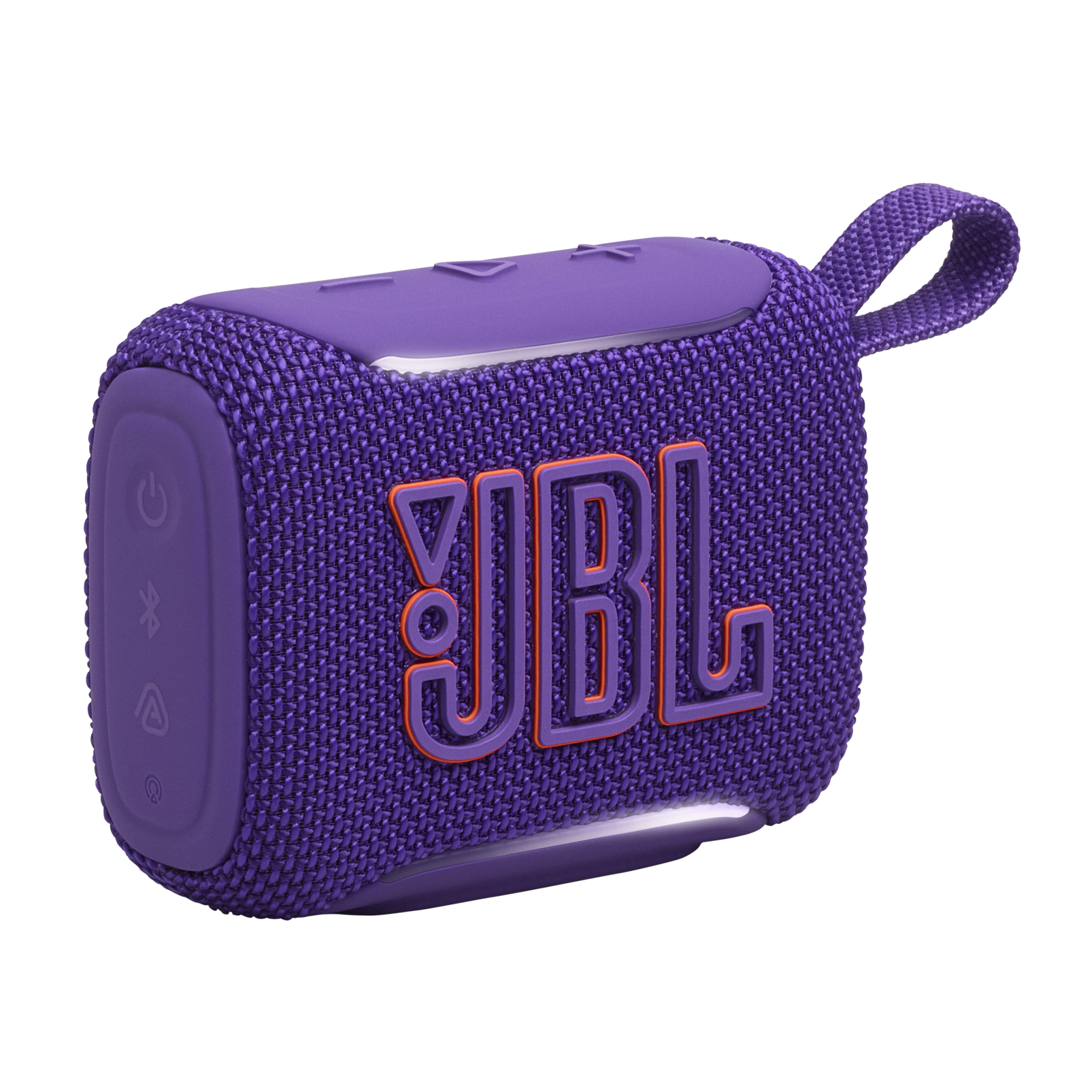 Turuncu logolu ve askılı mor JBL hoparlör.