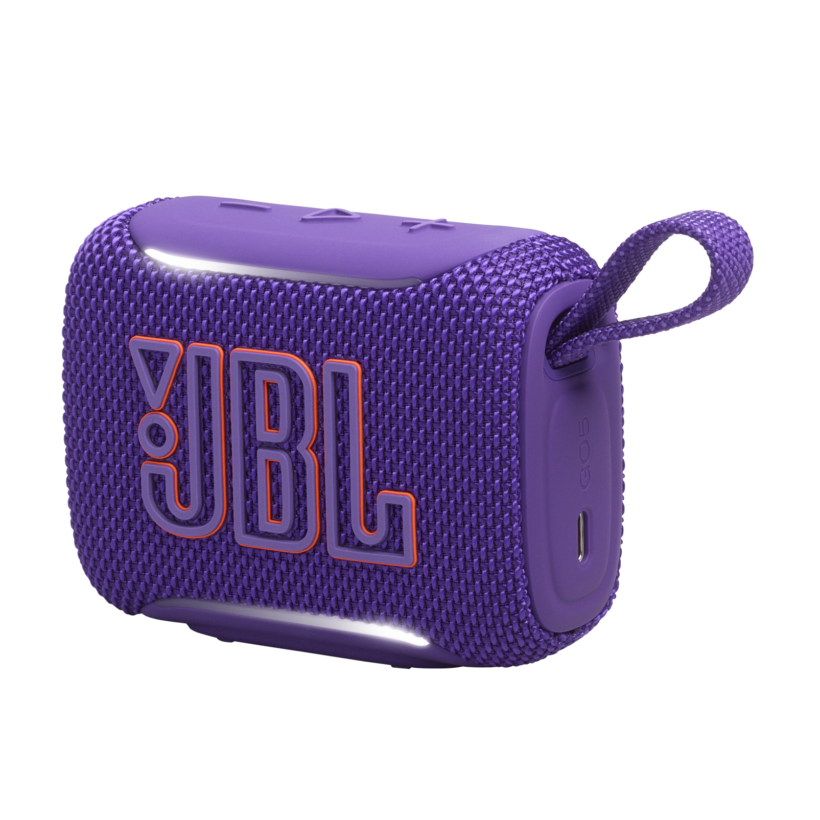 Turuncu logolu ve taşıma askılı mor JBL Go 3 hoparlör.