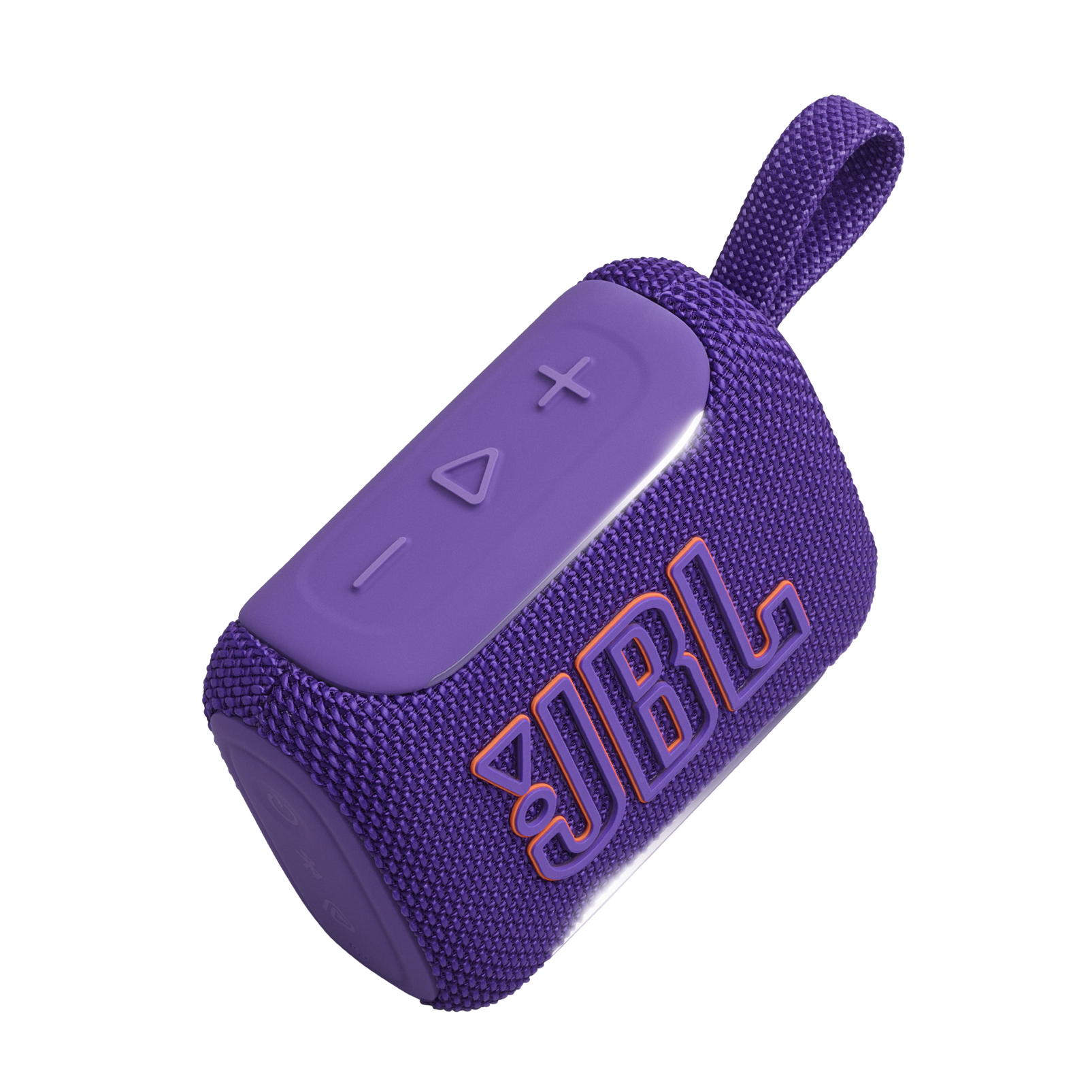 Turuncu JBL logolu ve kontrol düğmeli mor JBL Go 3 hoparlör.