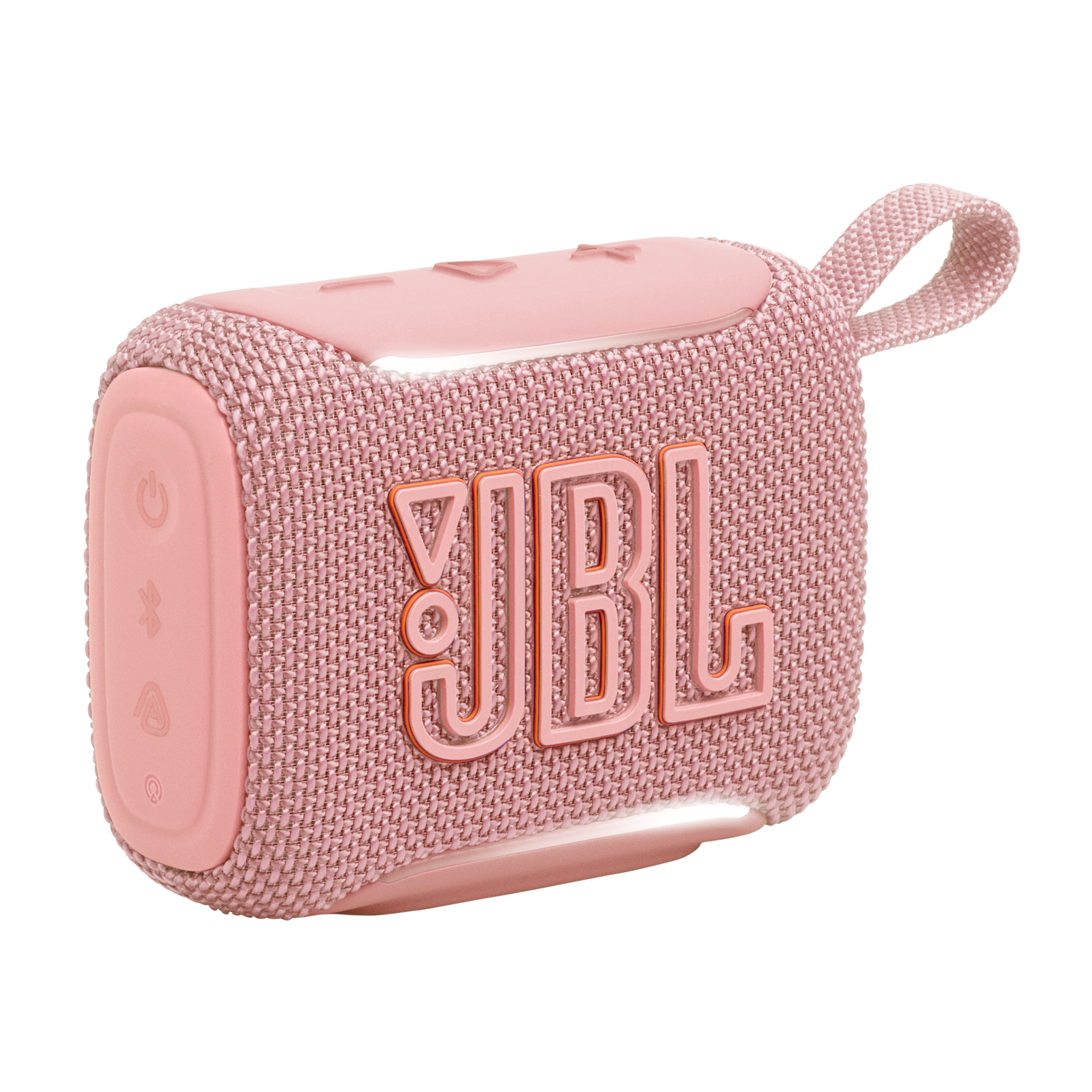 Siyah arka plan üzerinde turuncu logolu, pembe JBL hoparlör, kumaş dokulu.