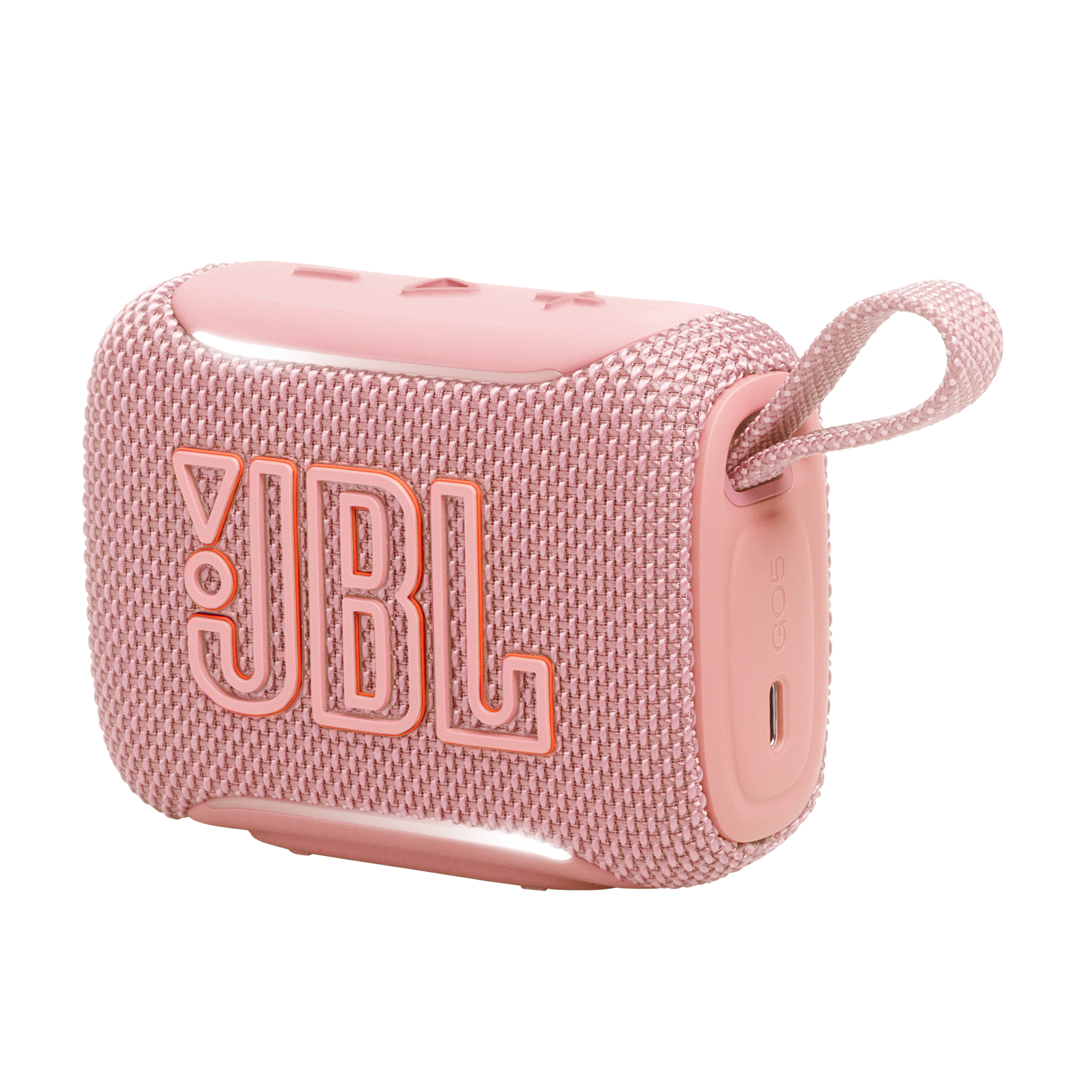 Pembe JBL Go 3 hoparlör, askı ve USB-C bağlantı noktası.