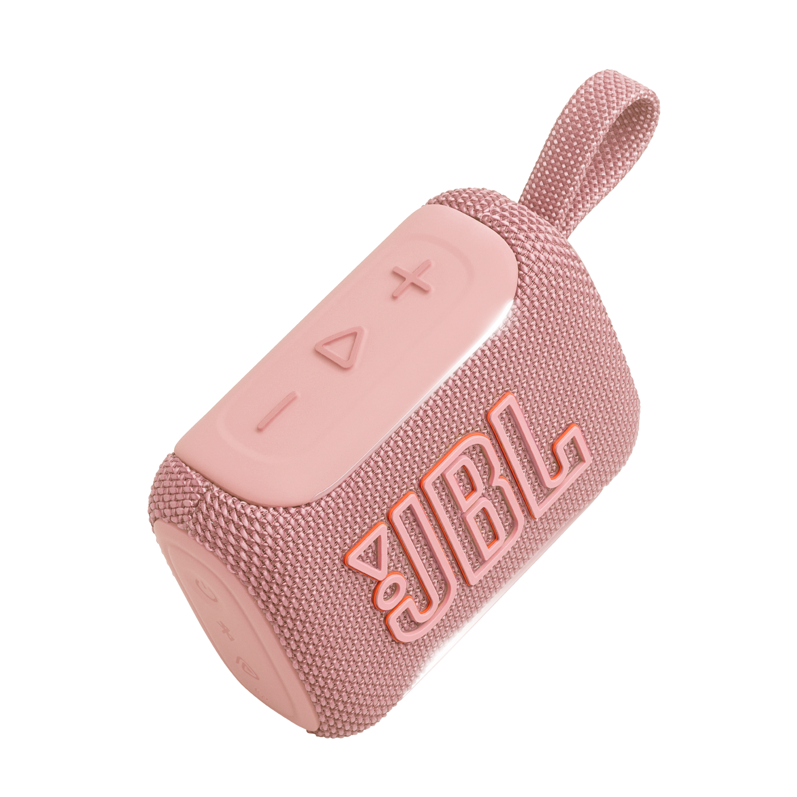 Siyah arka plan üzerinde kumaş kaplamalı ve düğmeli pembe bir JBL hoparlör.