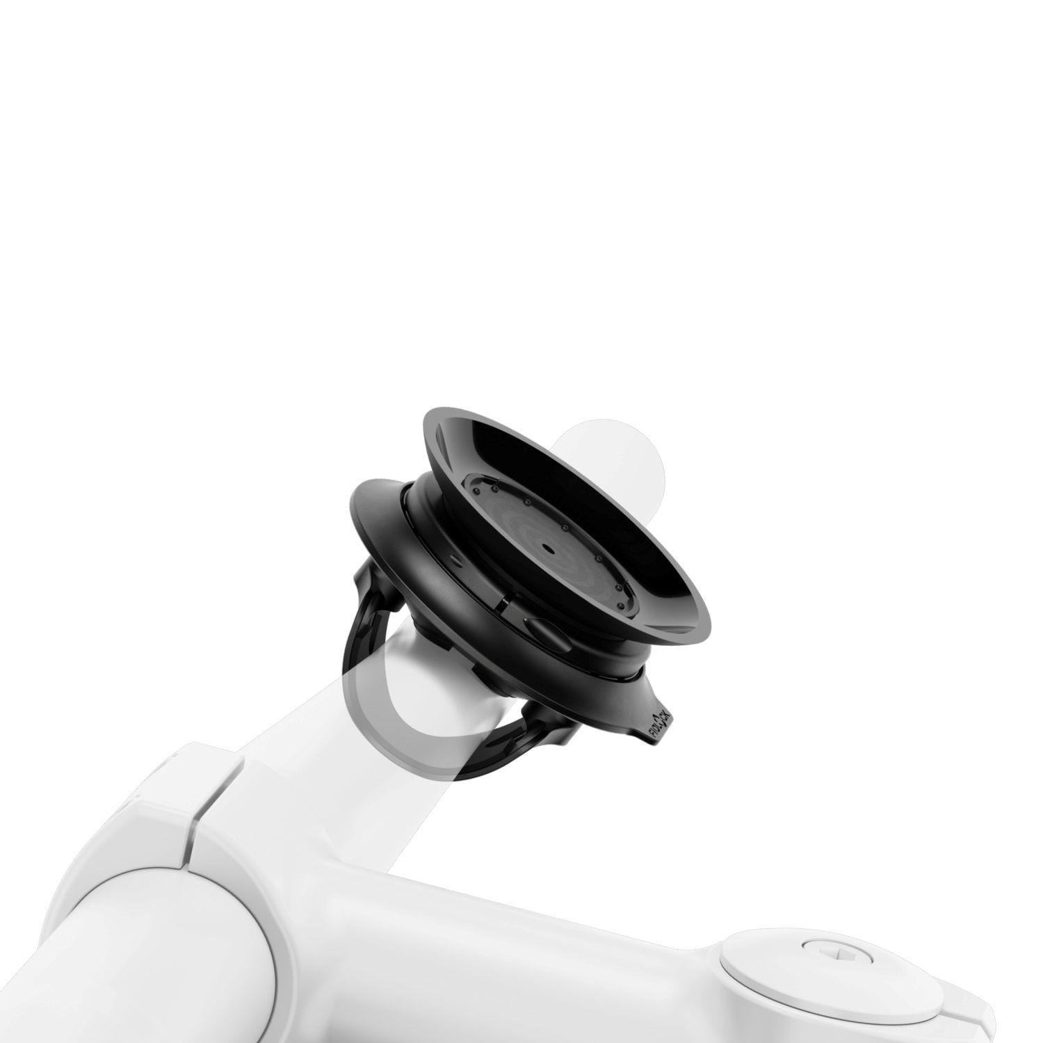 Schwarzer Saugnapf auf weißem Roboterarm mit Gelenk.