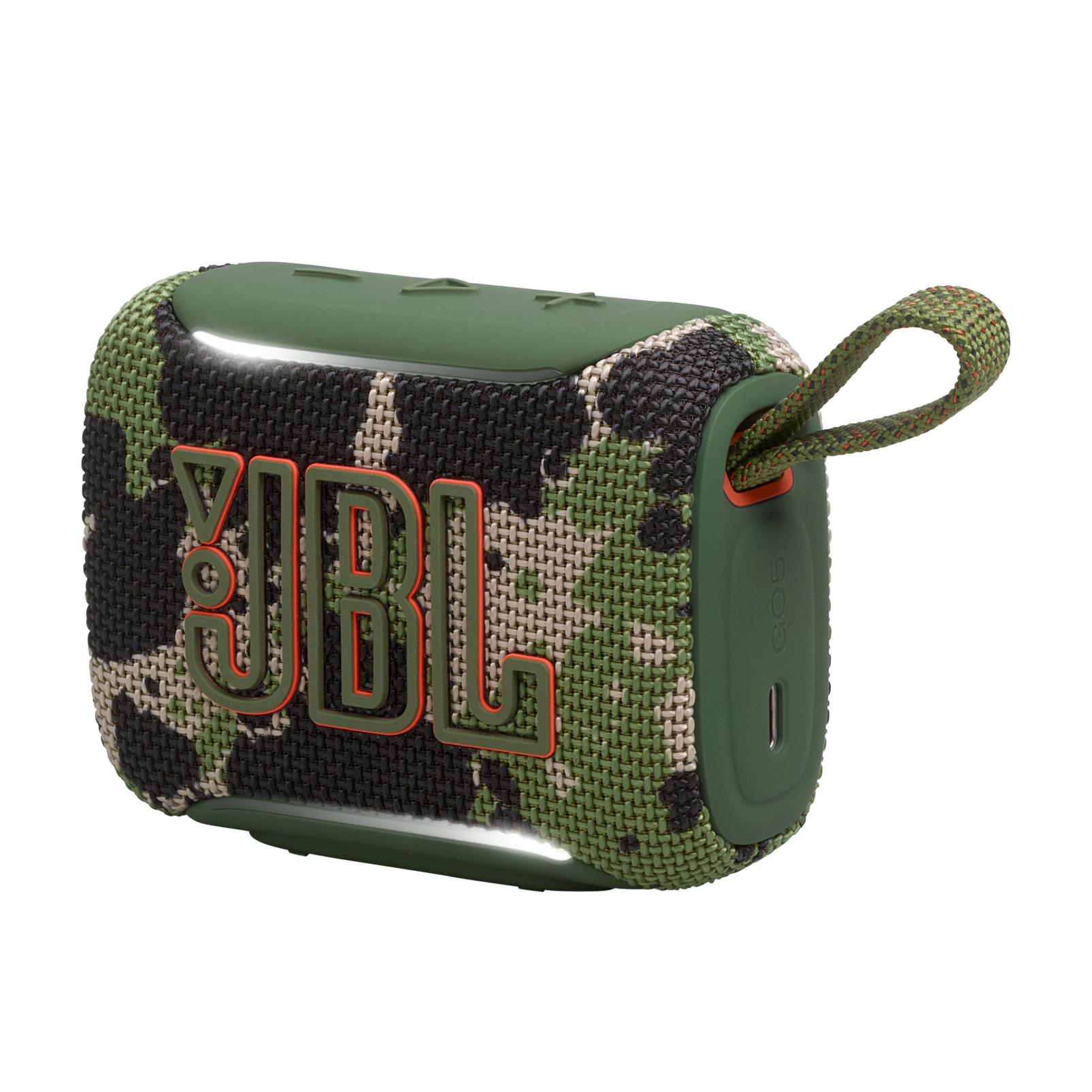 Yeşil kamuflaj desenli JBL hoparlör ve kordon.