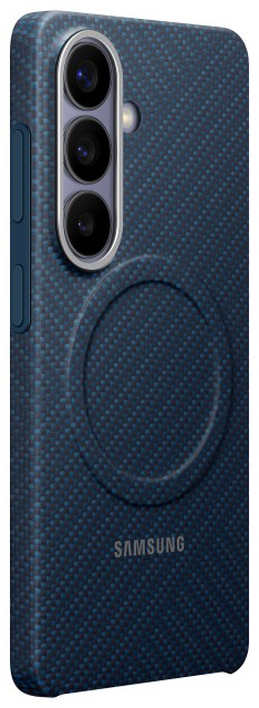 Kék telefontok három kamerával és Samsung logóval.