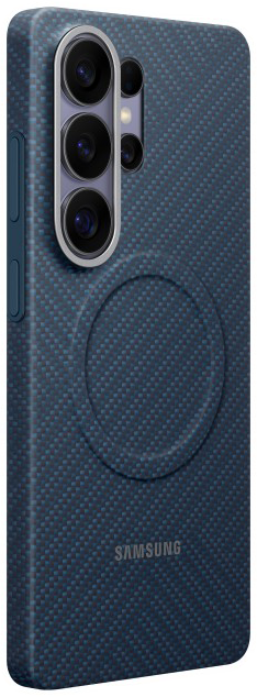 Sötétkék telefontok kamerákkal és Samsung logóval.