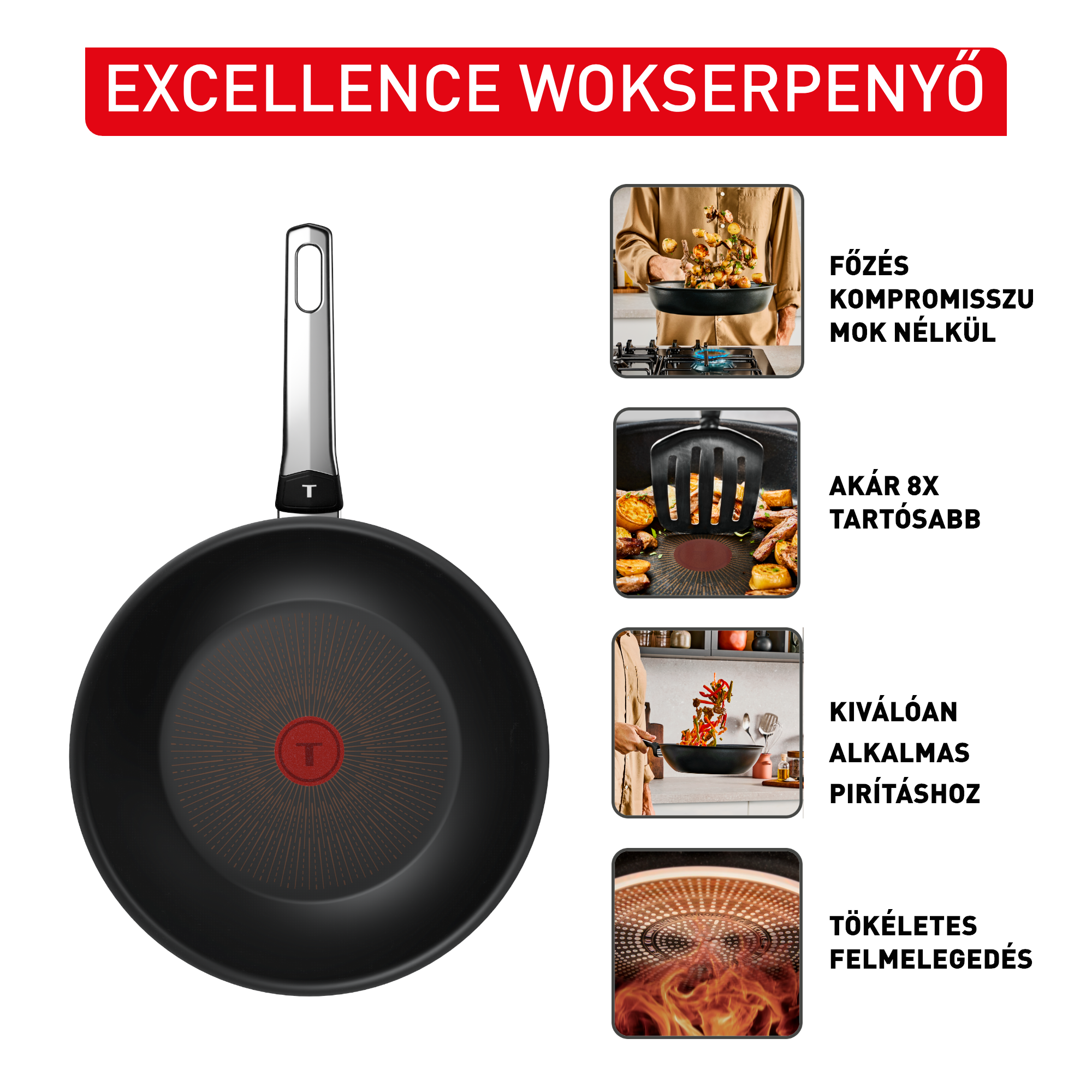 Fekete wok serpenyő piros logóval és ezüst nyéllel, mellette termékelőnyök.