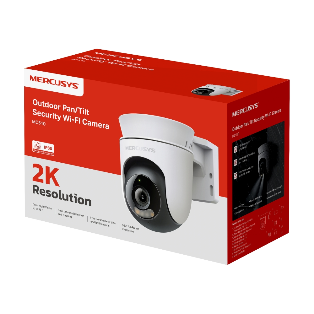 MERCUSYS 2K Dış Mekan Pan/Tilt Wi-Fi Güvenlik Kamerası kutu ambalajı.