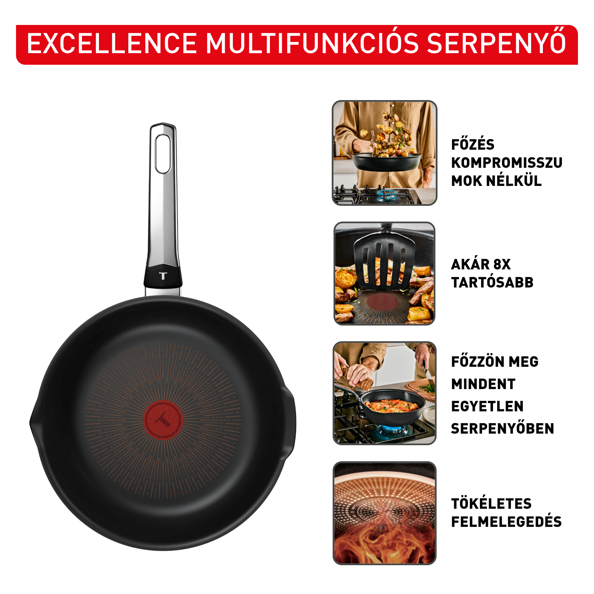 Egy fekete T-FAL serpenyő ezüst nyéllel és piros részletekkel.