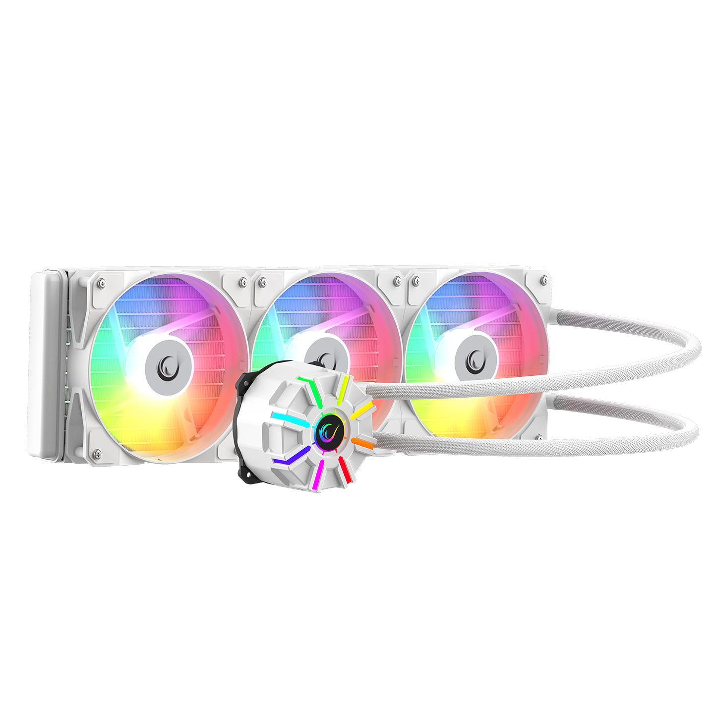 Ortada pompa yuvası ve üç RGB fanlı beyaz CPU soğutucu.