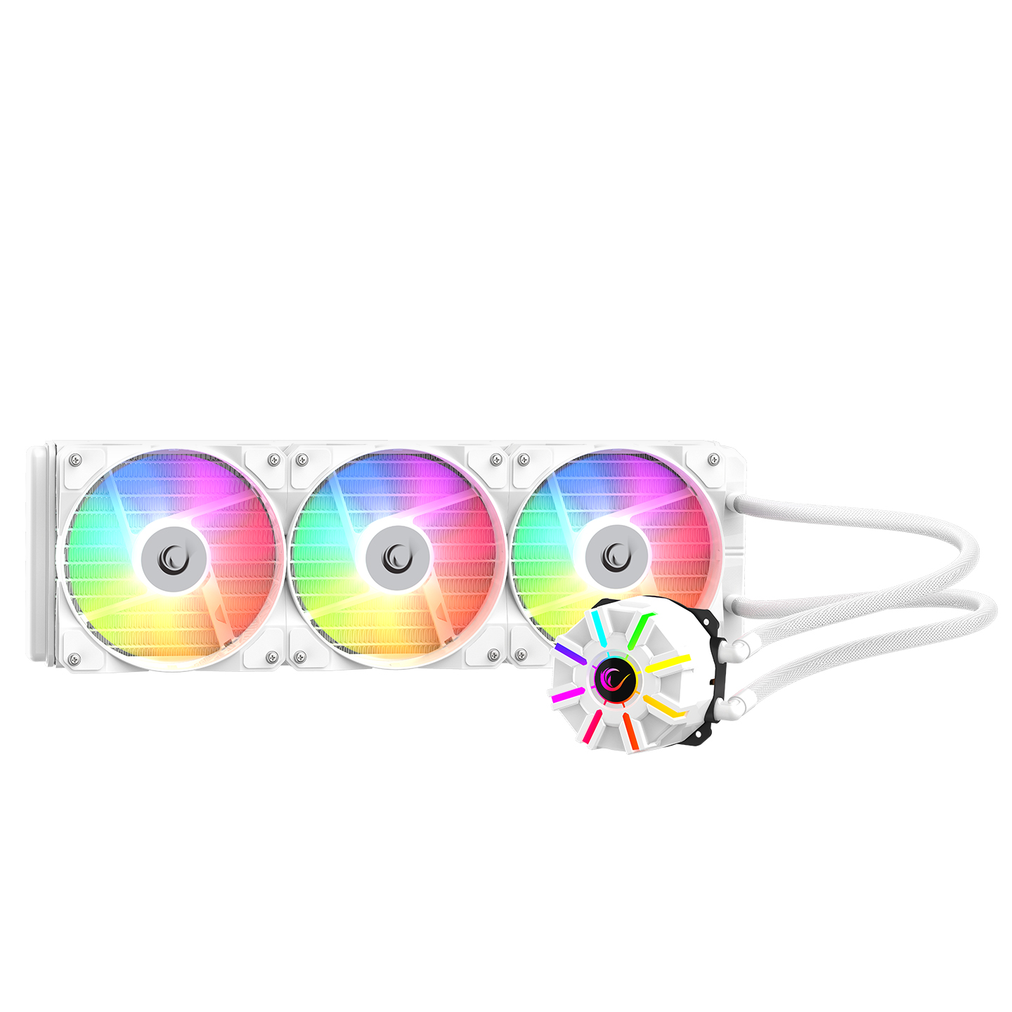 RGB fanlı ve hortumlu beyaz CPU soğutucu.