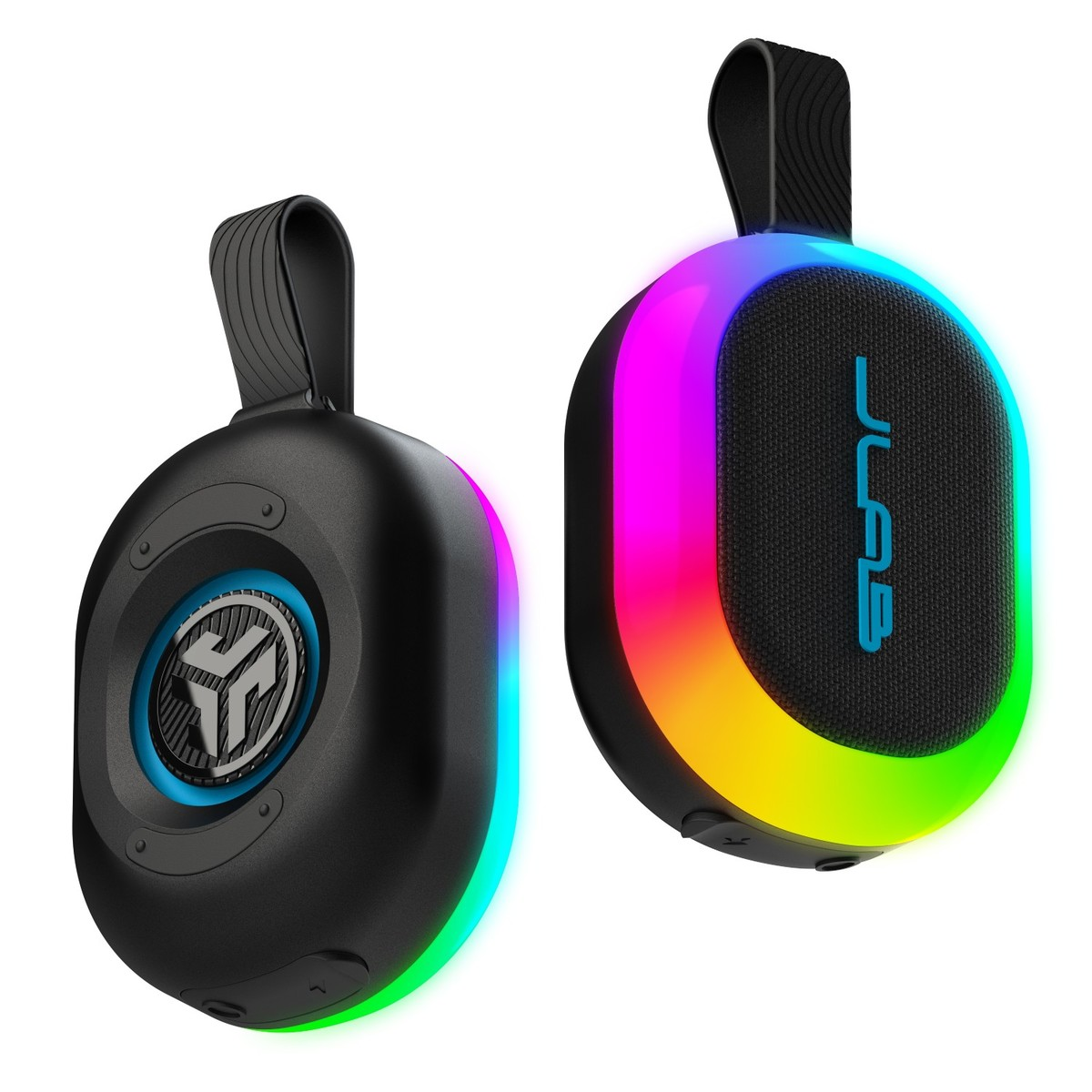 Zwei schwarze Bluetooth-Lautsprecher mit bunten LED-Lichtern, eines mit Logo, das andere mit Lautsprechergitter.