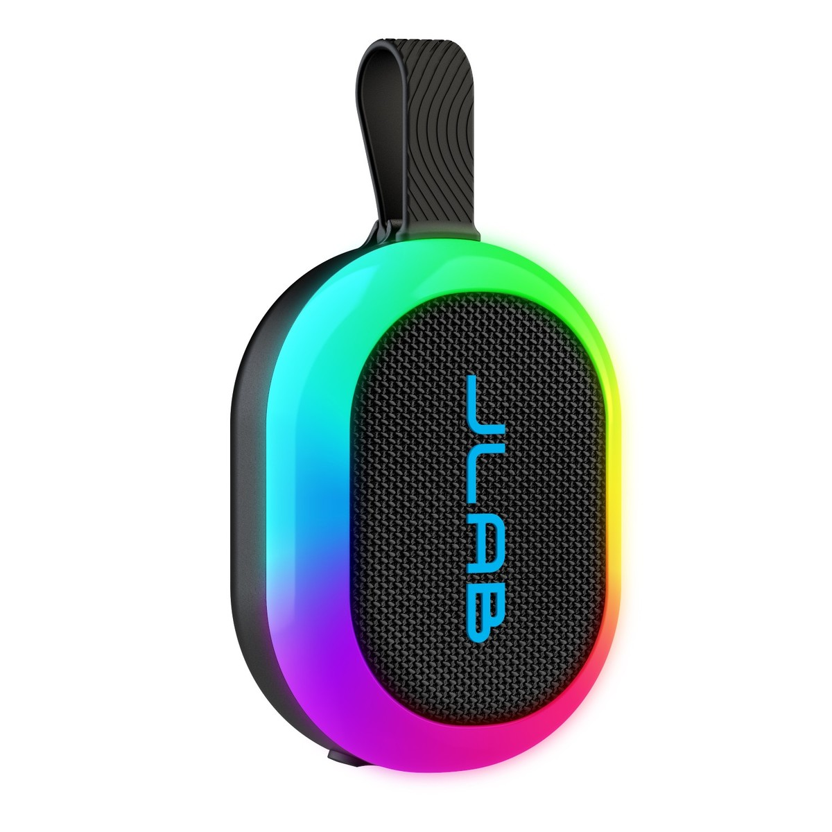 Ovaler Lautsprecher mit Gummischlaufe, RGB-Beleuchtung und schwarzem Gitter.