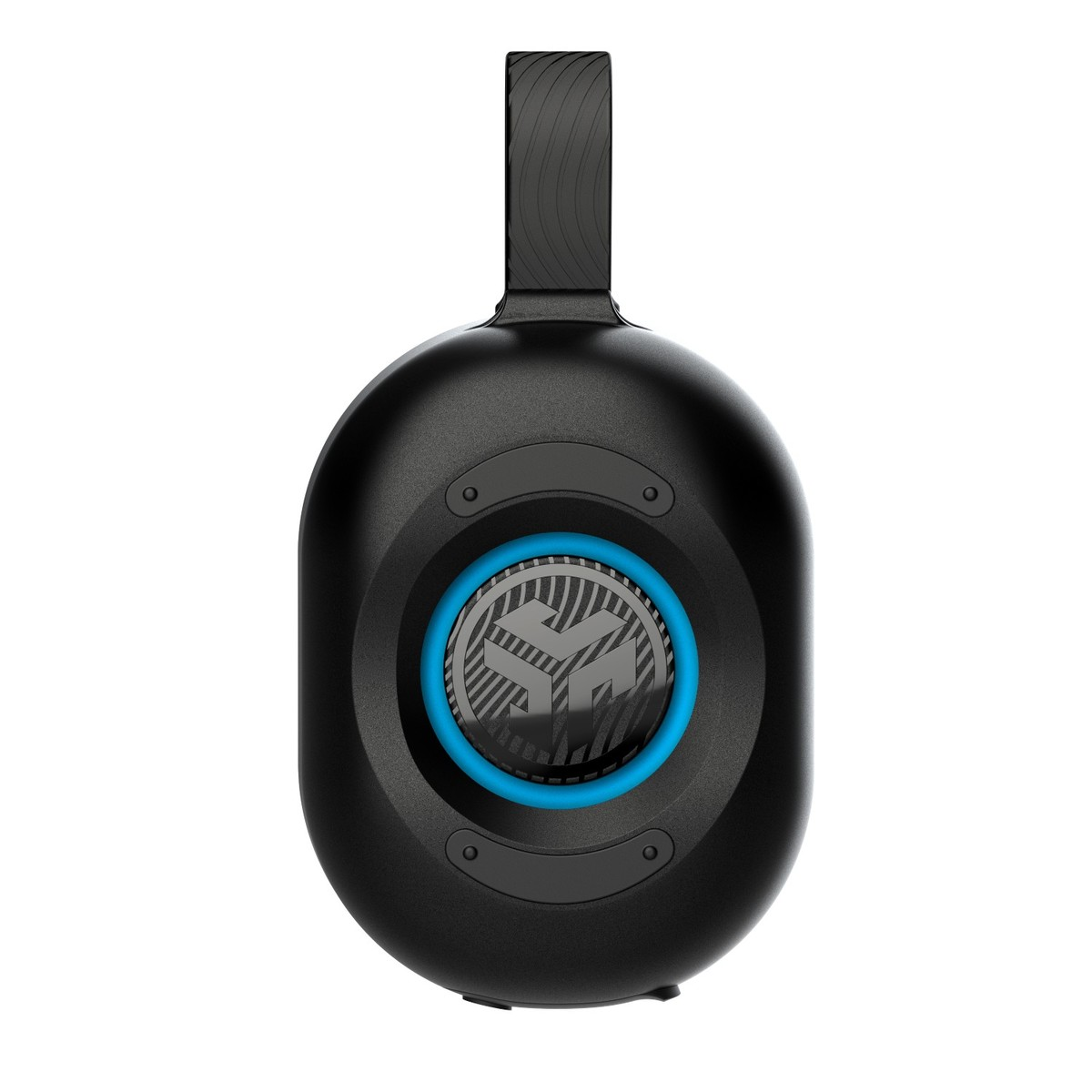 Schwarzer Kopfhörer mit blauem Ring und Logo auf weißem Hintergrund.