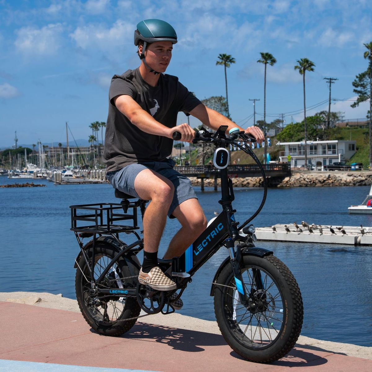 Ein Mann mit Helm fährt ein E-Bike am Wasser mit Booten und Palmen.